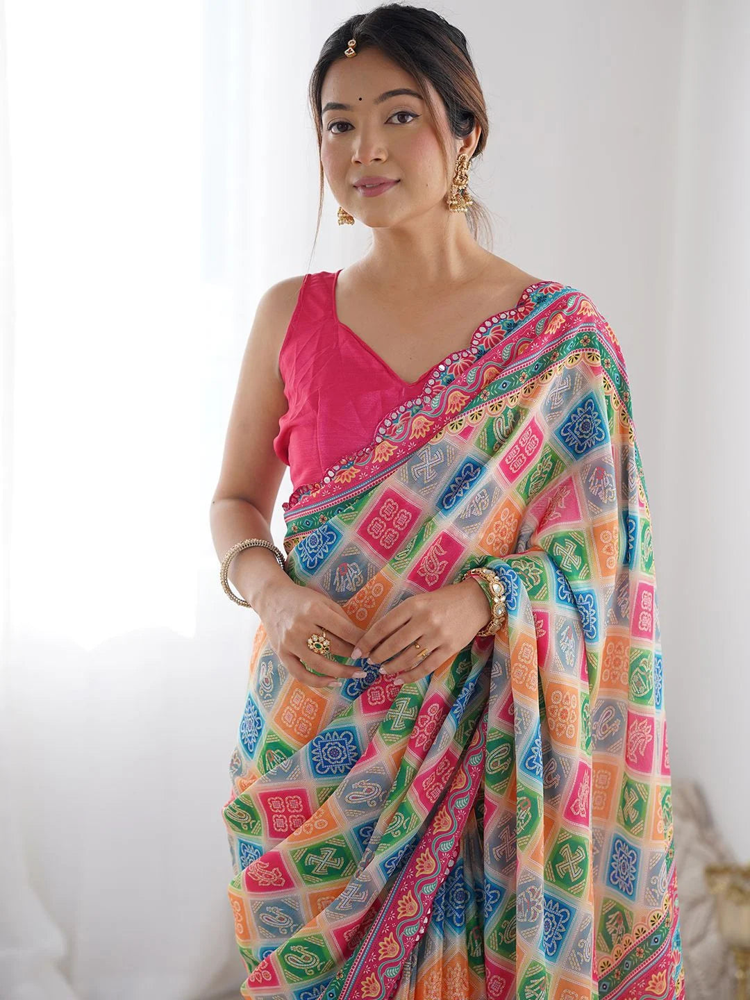 SHYAMIKA Multicolor Digital Print Georgette Saree with Mirror Lace
