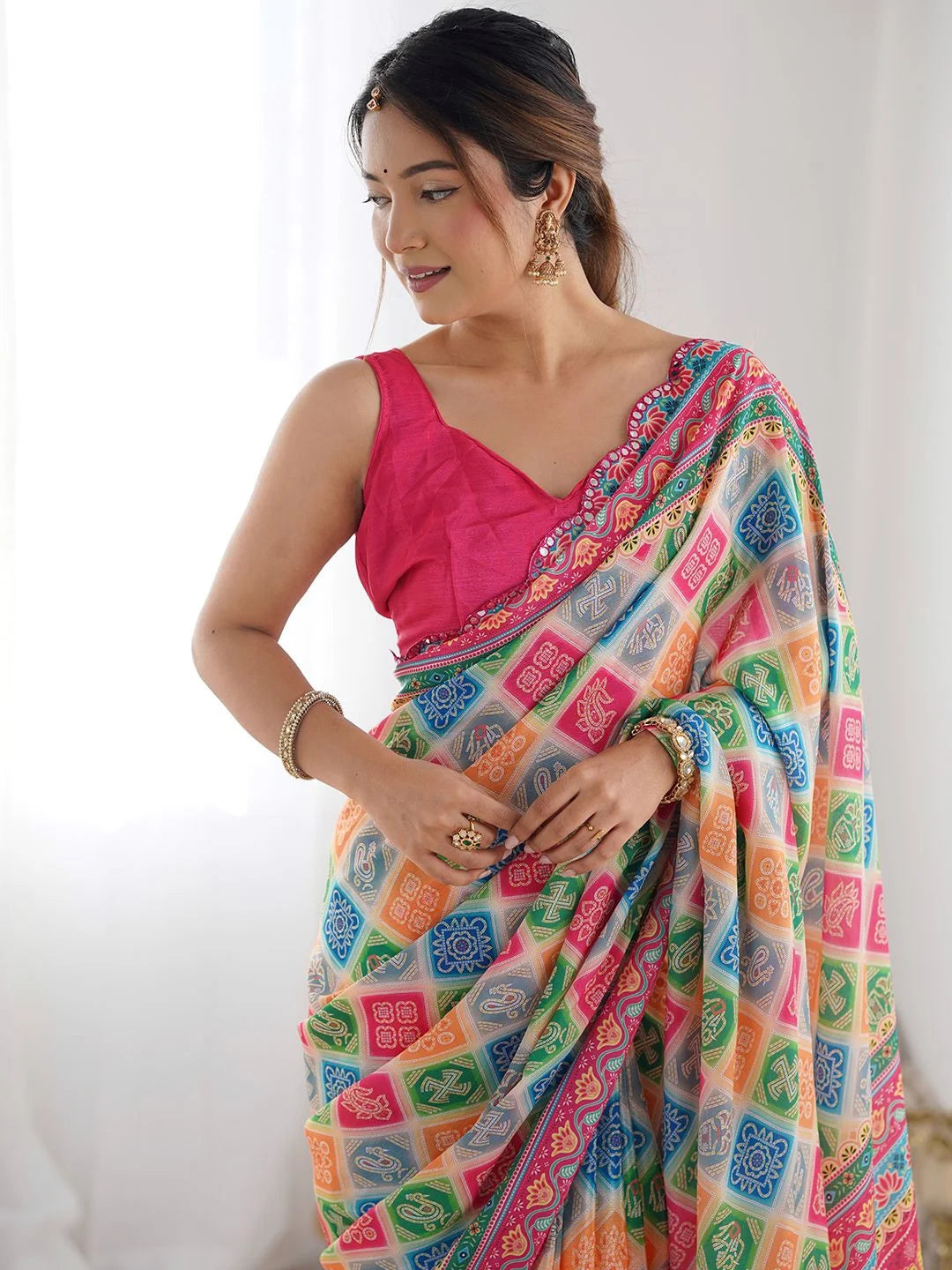 SHYAMIKA Multicolor Digital Print Georgette Saree with Mirror Lace