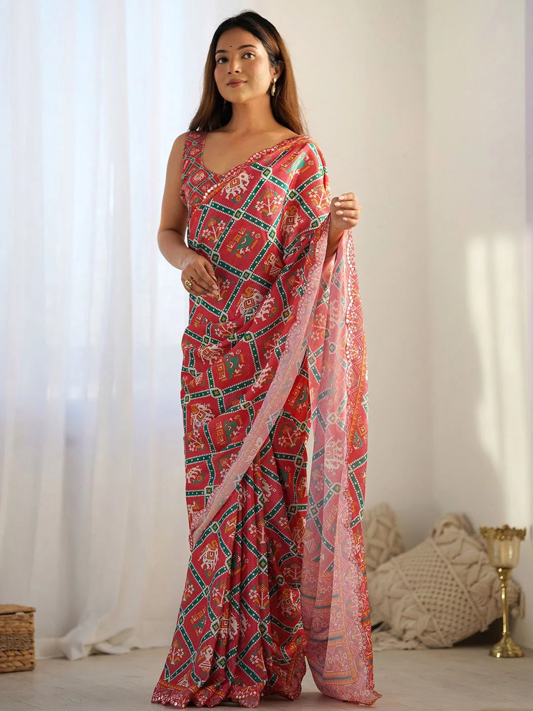 SHYAMIKA Red Traditional Digital Print Georgette Saree with Mirror Work