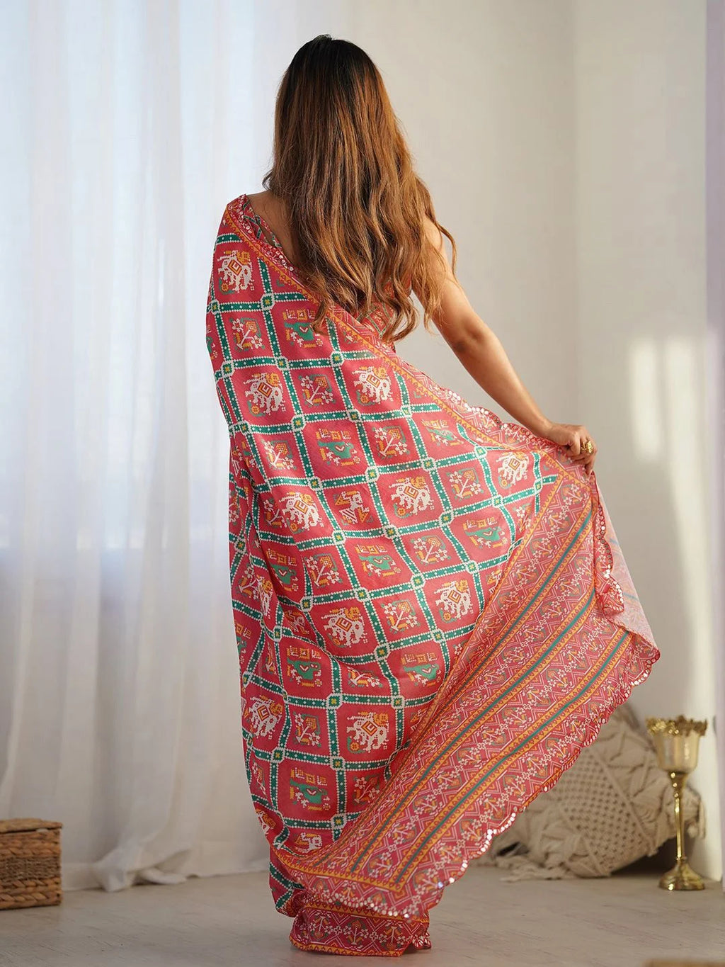SHYAMIKA Red Traditional Digital Print Georgette Saree with Mirror Work