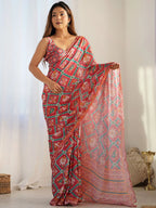 SHYAMIKA Red Traditional Digital Print Georgette Saree with Mirror Work