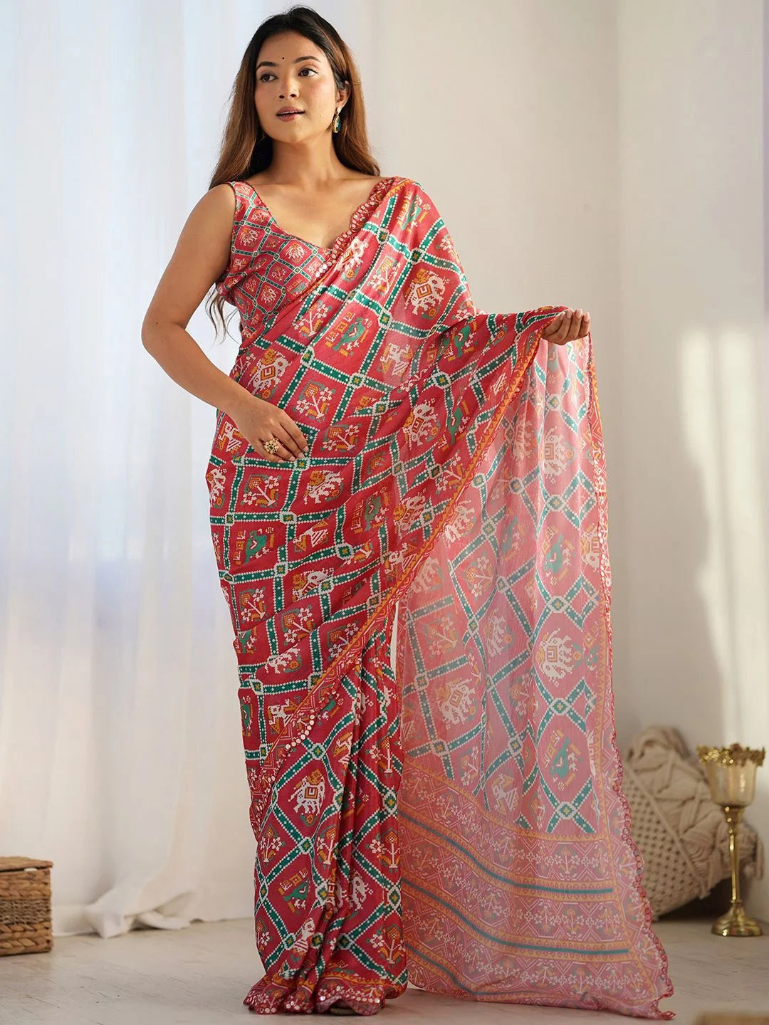 SHYAMIKA Red Traditional Digital Print Georgette Saree with Mirror Work