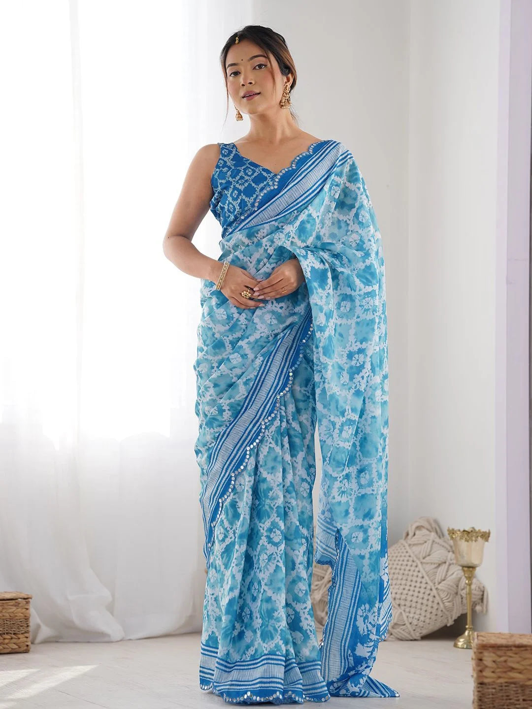 SHYAMIKA Sky Blue Bandhani Digital Print Georgette Saree with Mirror Border