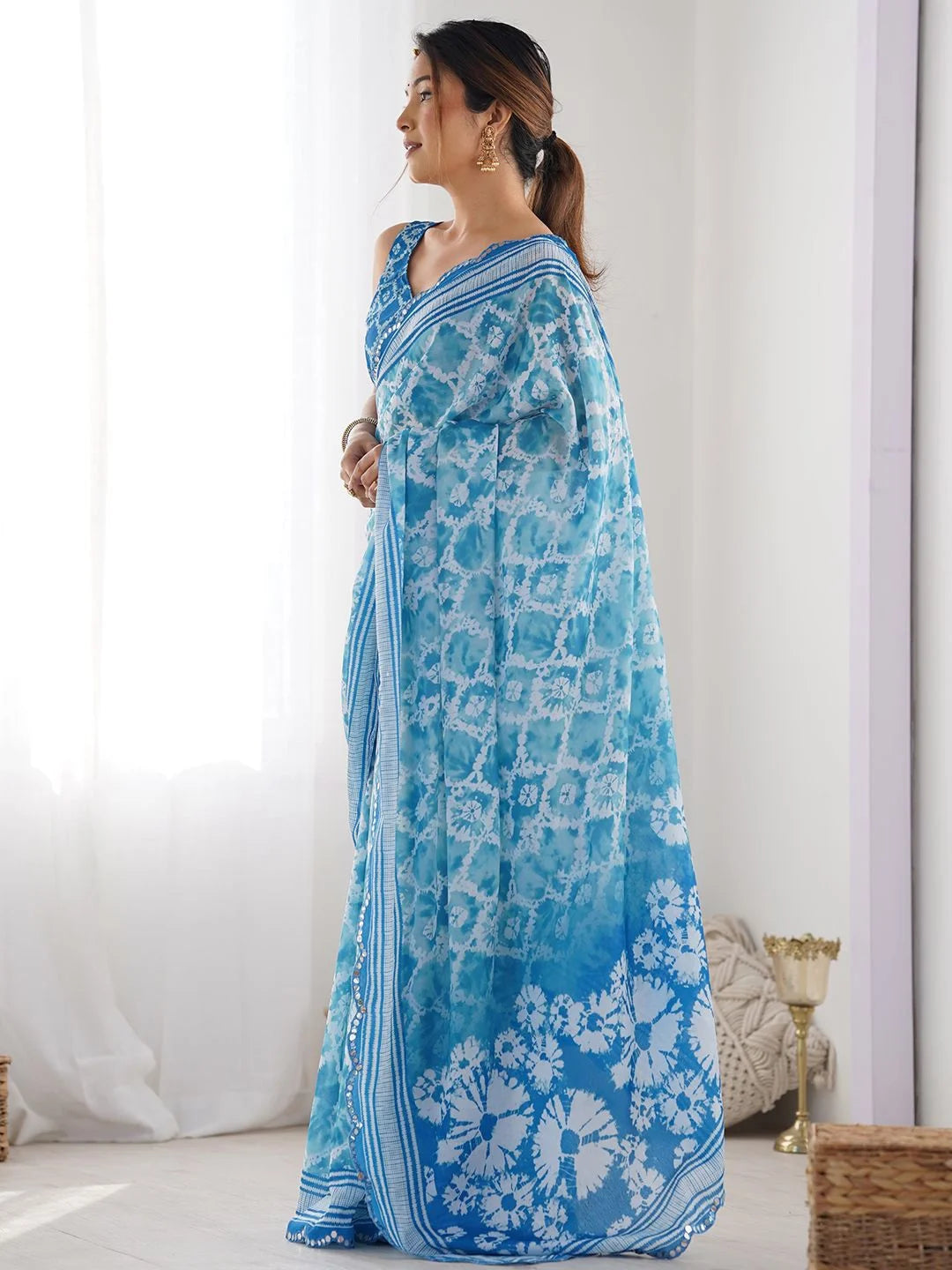 SHYAMIKA Sky Blue Bandhani Digital Print Georgette Saree with Mirror Border
