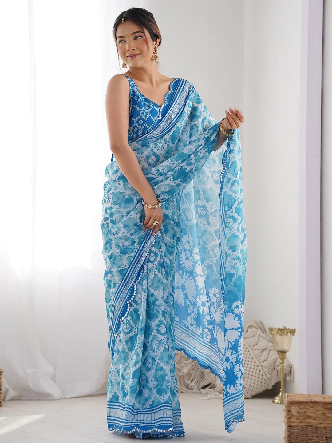 SHYAMIKA Sky Blue Bandhani Digital Print Georgette Saree with Mirror Border