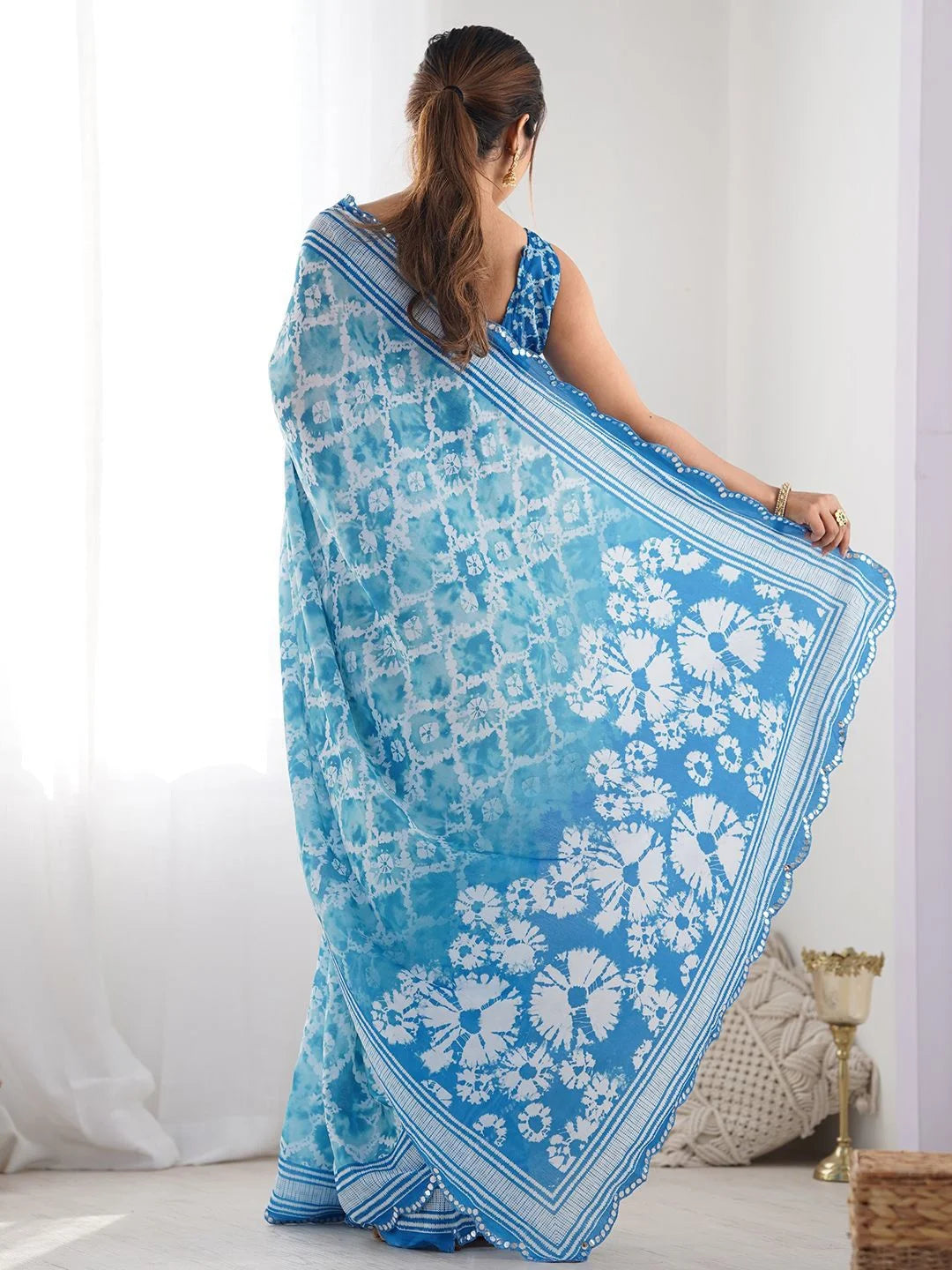 SHYAMIKA Sky Blue Bandhani Digital Print Georgette Saree with Mirror Border
