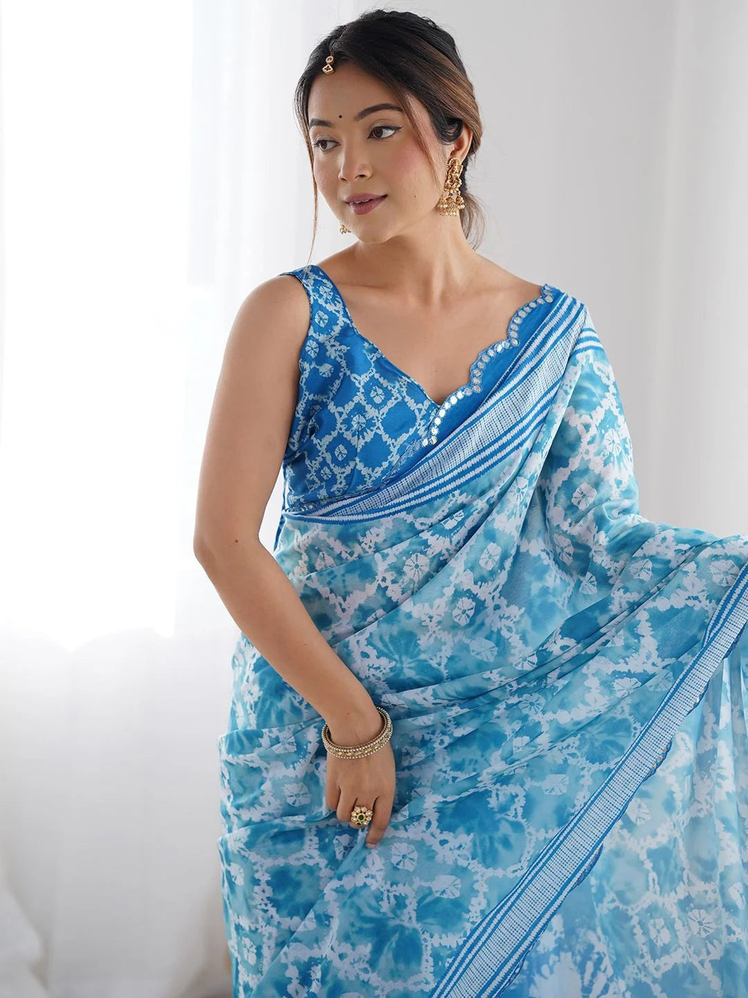 SHYAMIKA Sky Blue Bandhani Digital Print Georgette Saree with Mirror Border