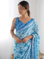 SHYAMIKA Sky Blue Bandhani Digital Print Georgette Saree with Mirror Border