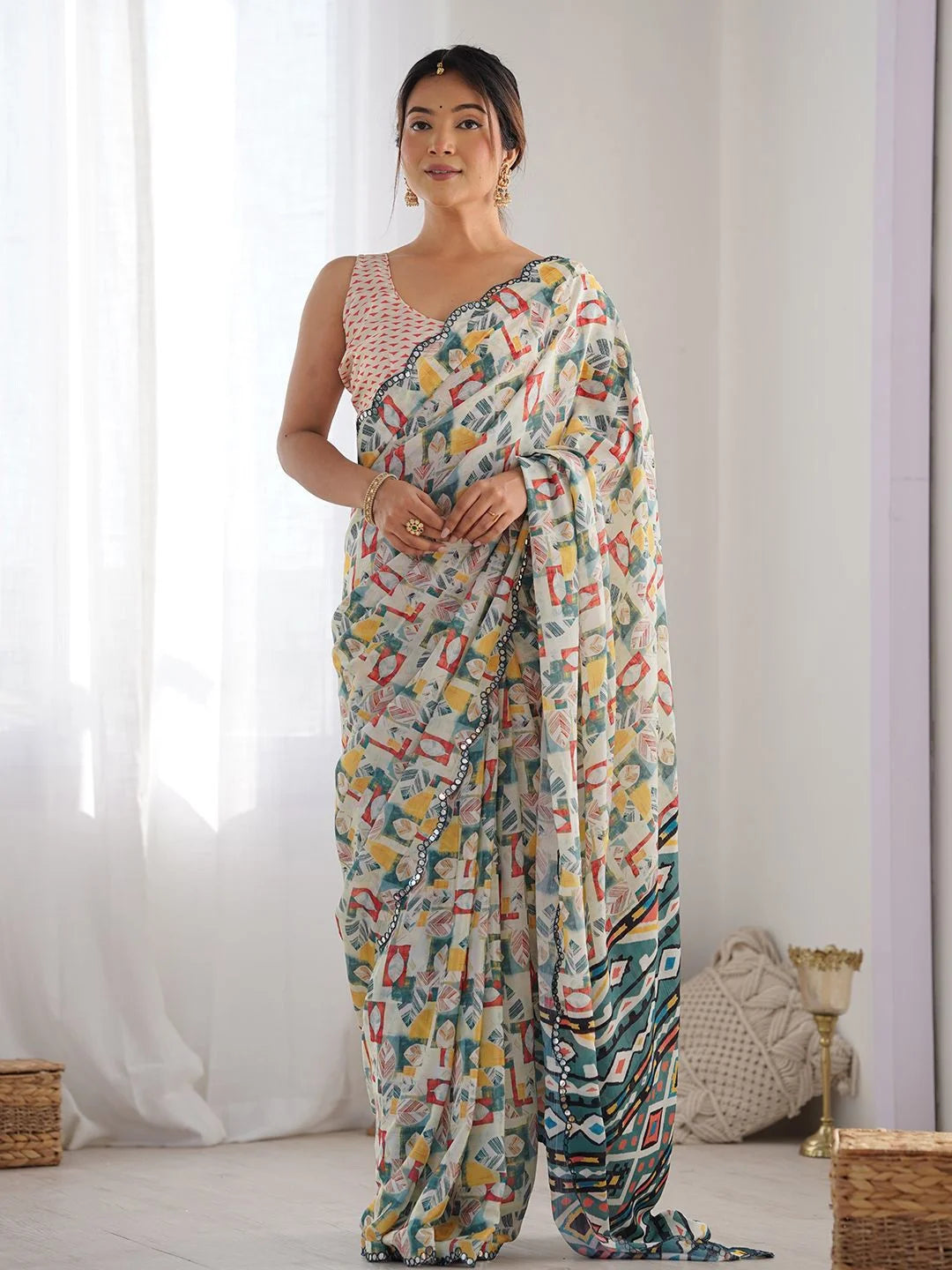 SHYAMIKA White Multicolor Geometric Print Georgette Saree with Mirror Border