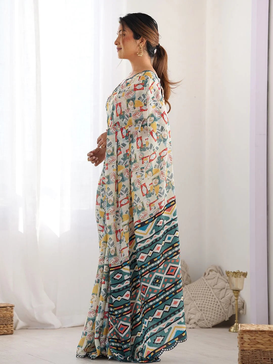 SHYAMIKA White Multicolor Geometric Print Georgette Saree with Mirror Border