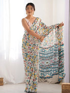 SHYAMIKA White Multicolor Geometric Print Georgette Saree with Mirror Border