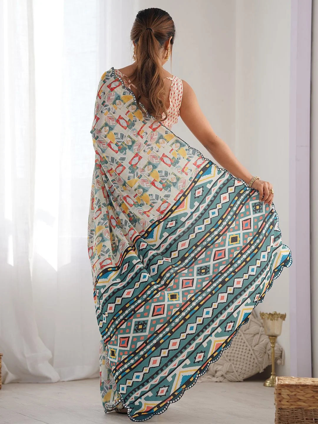 SHYAMIKA White Multicolor Geometric Print Georgette Saree with Mirror Border