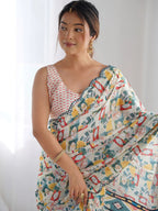 SHYAMIKA White Multicolor Geometric Print Georgette Saree with Mirror Border