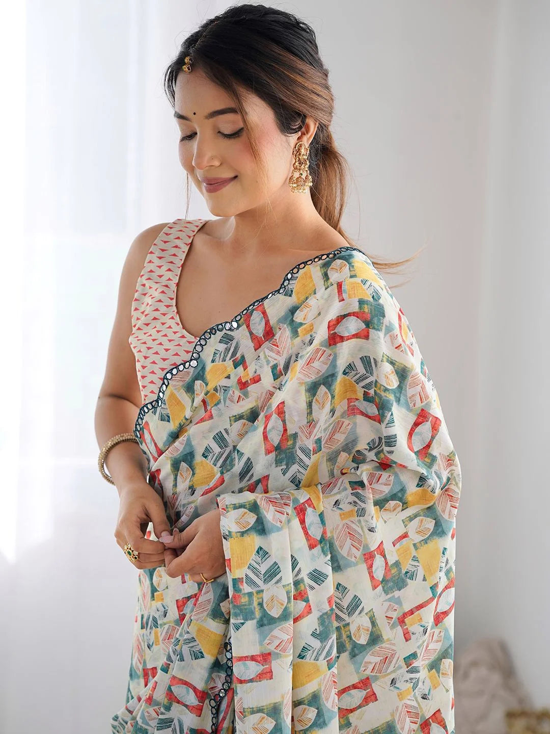 SHYAMIKA White Multicolor Geometric Print Georgette Saree with Mirror Border