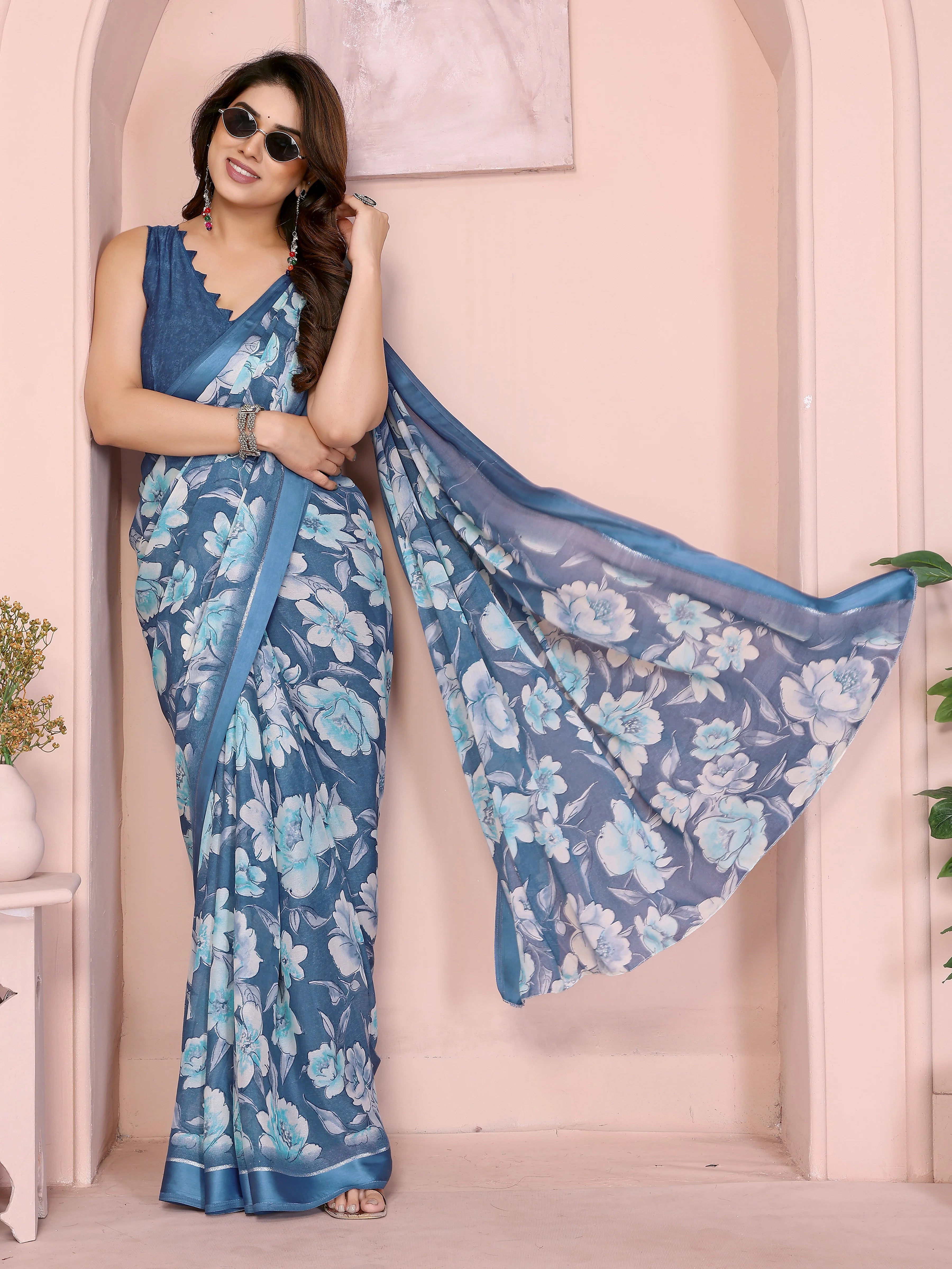 SHYAMIKA Floral Moss Satin Patta Printed Saree with Blouse