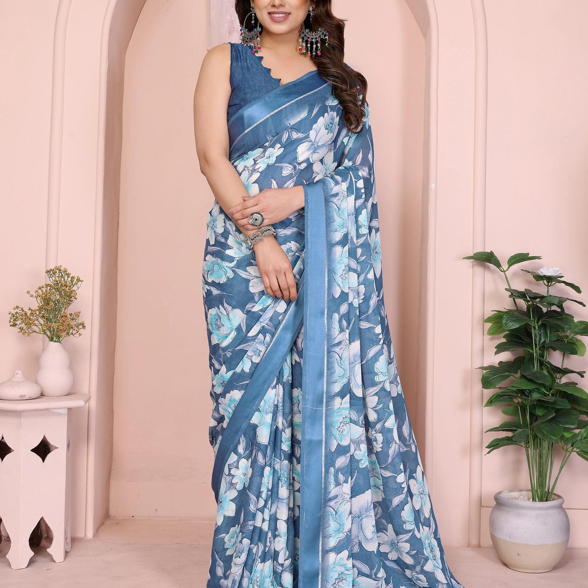 SHYAMIKA Floral Moss Satin Patta Printed Saree with Blouse
