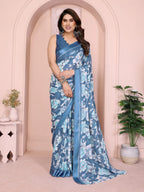 SHYAMIKA Floral Moss Satin Patta Printed Saree with Blouse