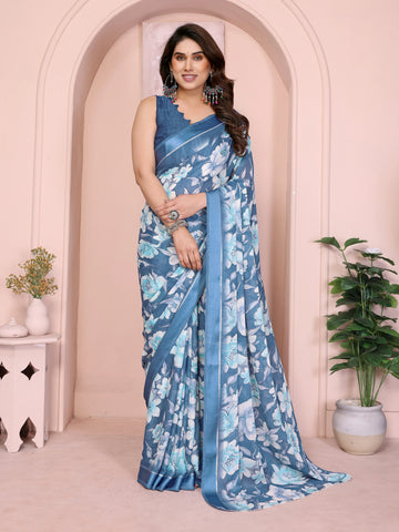 SHYAMIKA Floral Moss Satin Patta Printed Saree with Blouse