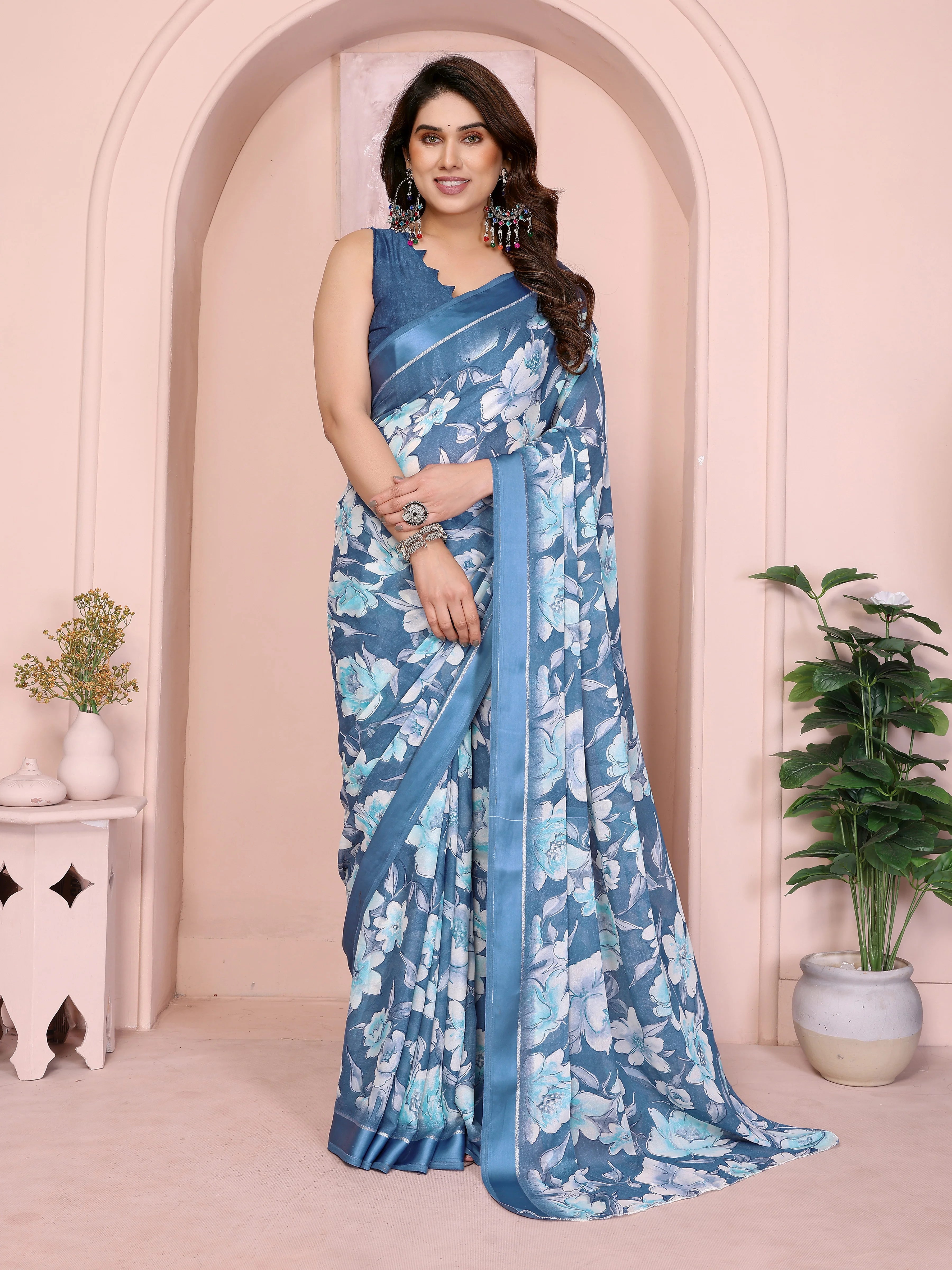SHYAMIKA Floral Moss Satin Patta Printed Saree with Blouse