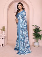 SHYAMIKA Floral Moss Satin Patta Printed Saree with Blouse