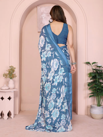 SHYAMIKA Floral Moss Satin Patta Printed Saree with Blouse