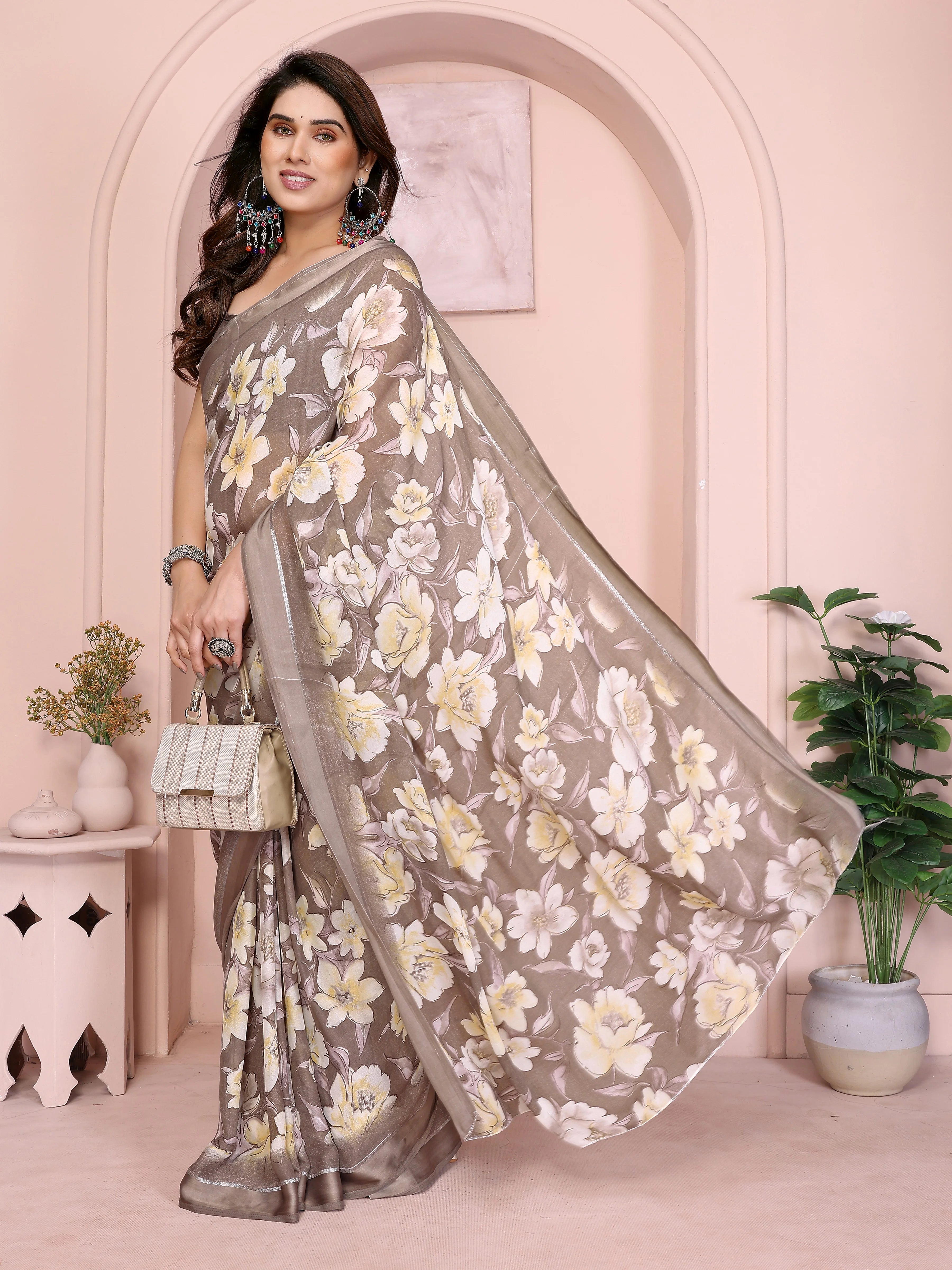 SHYAMIKA Floral Moss Satin Patta Printed Saree with Blouse