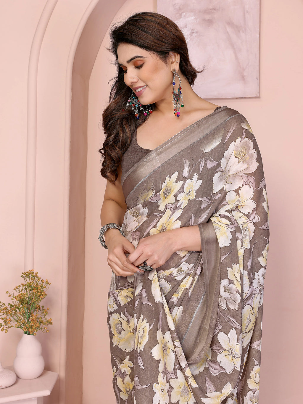 SHYAMIKA Floral Moss Satin Patta Printed Saree with Blouse