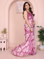 SHYAMIKA Floral Moss Satin Patta Printed Saree with Blouse