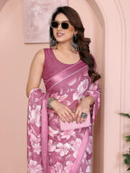 SHYAMIKA Floral Moss Satin Patta Printed Saree with Blouse