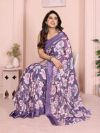 SHYAMIKA Floral Moss Satin Patta Printed Saree with Blouse