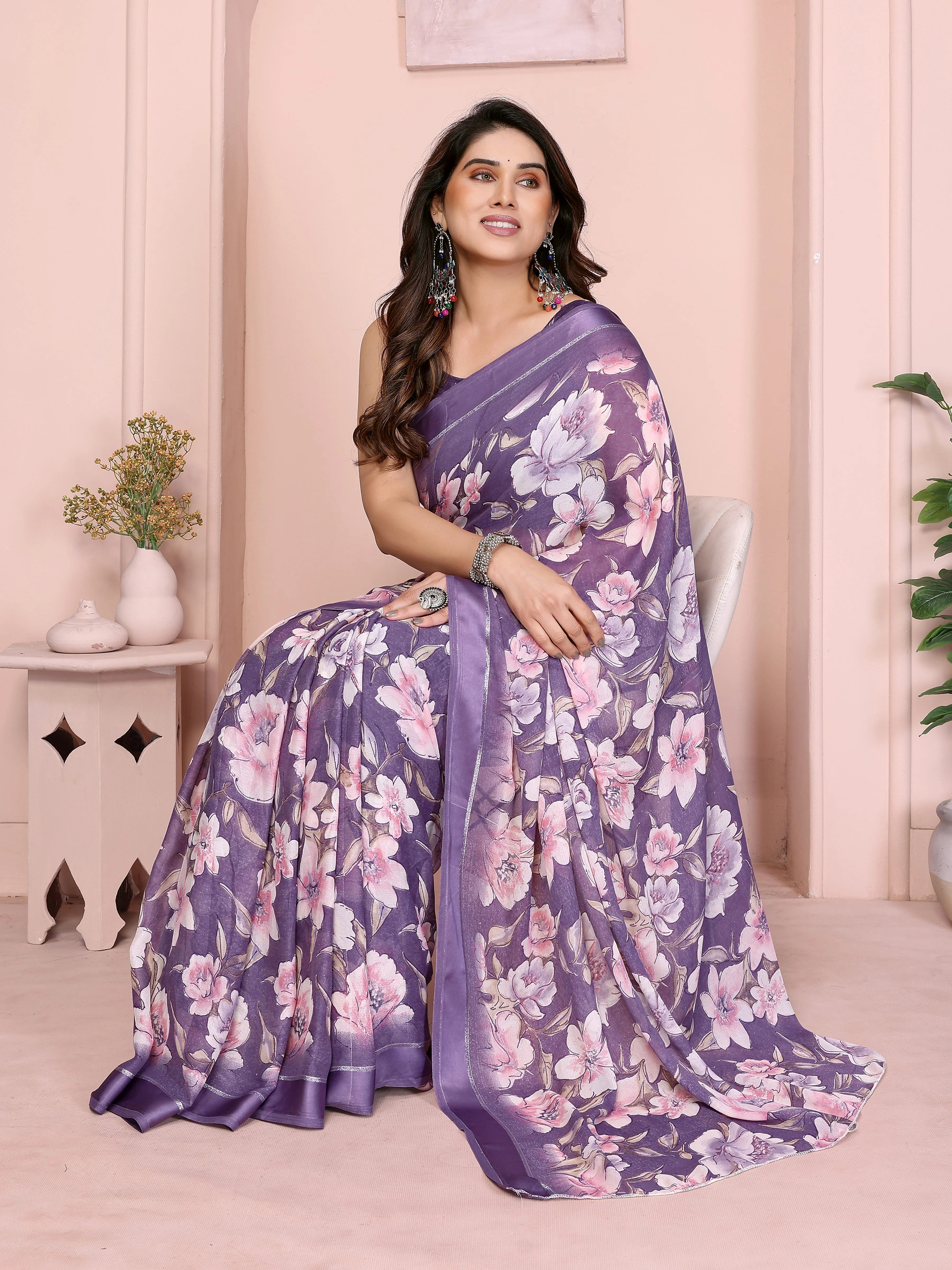 SHYAMIKA Floral Moss Satin Patta Printed Saree with Blouse