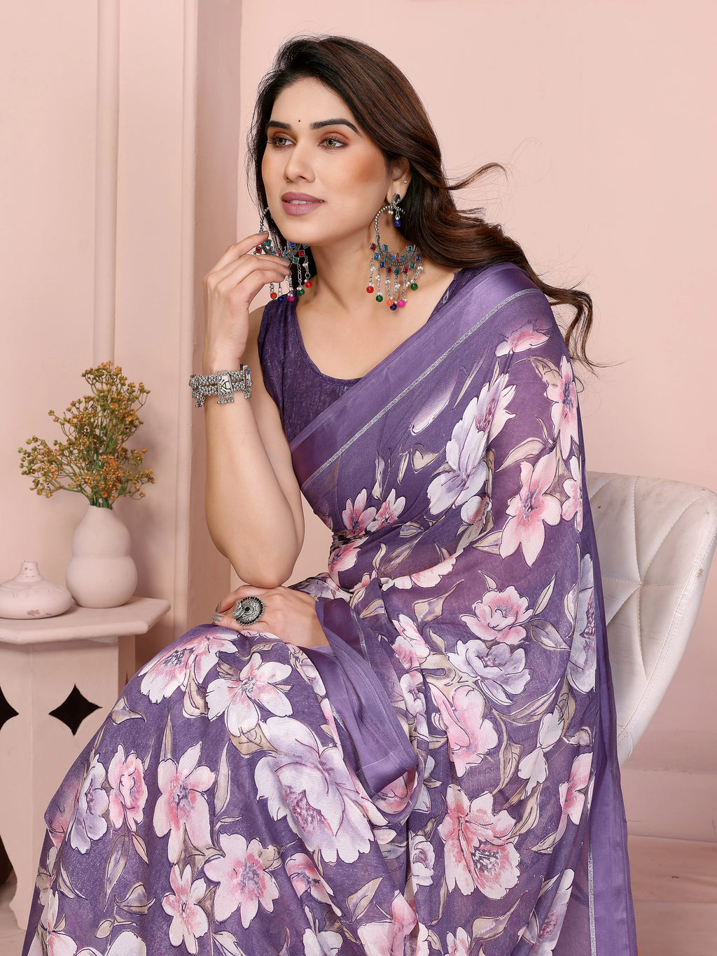 SHYAMIKA Floral Moss Satin Patta Printed Saree with Blouse