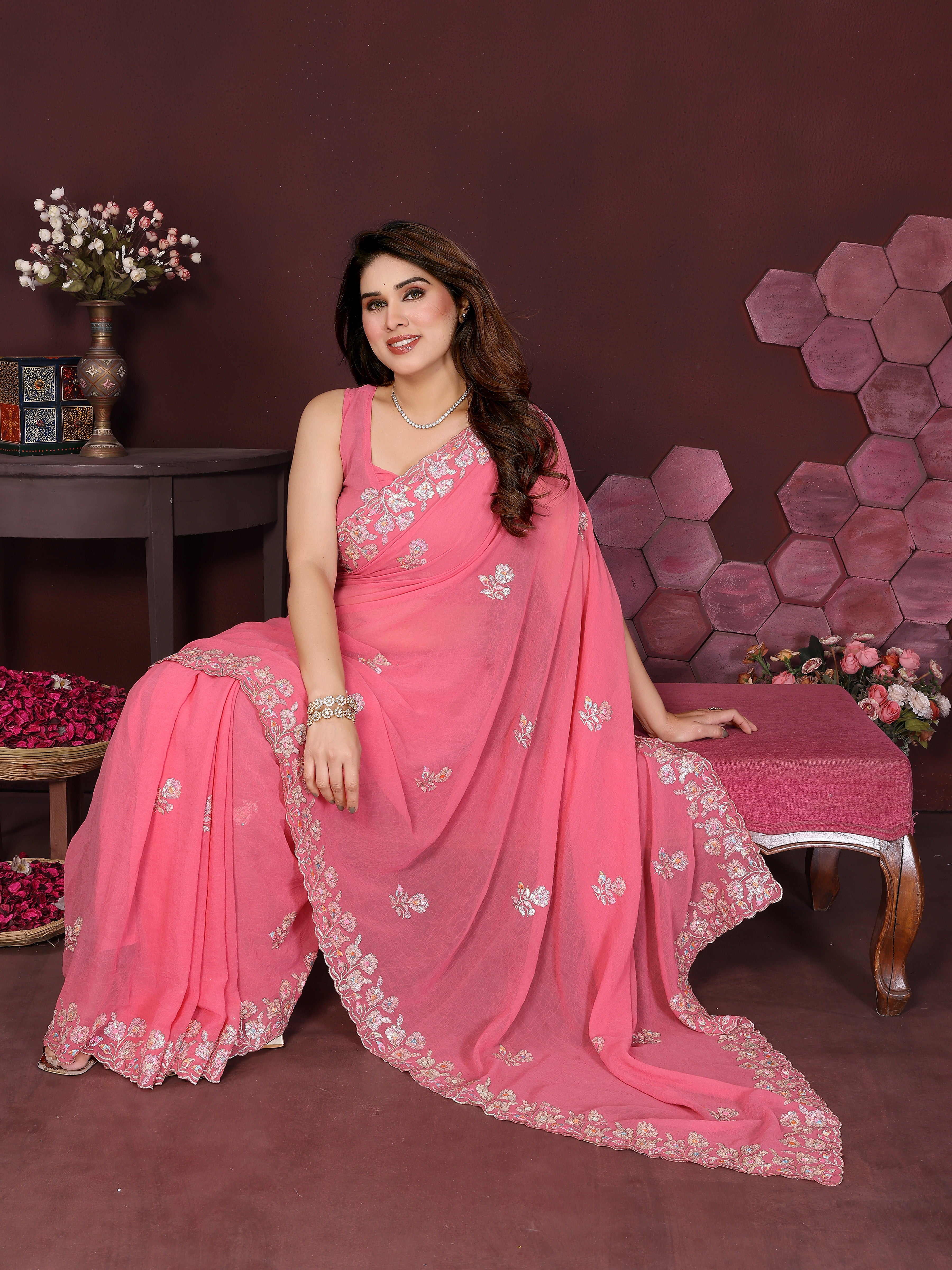 SHYAMIKA Embroidered Georgette Saree with Matching Embroidery Blouse