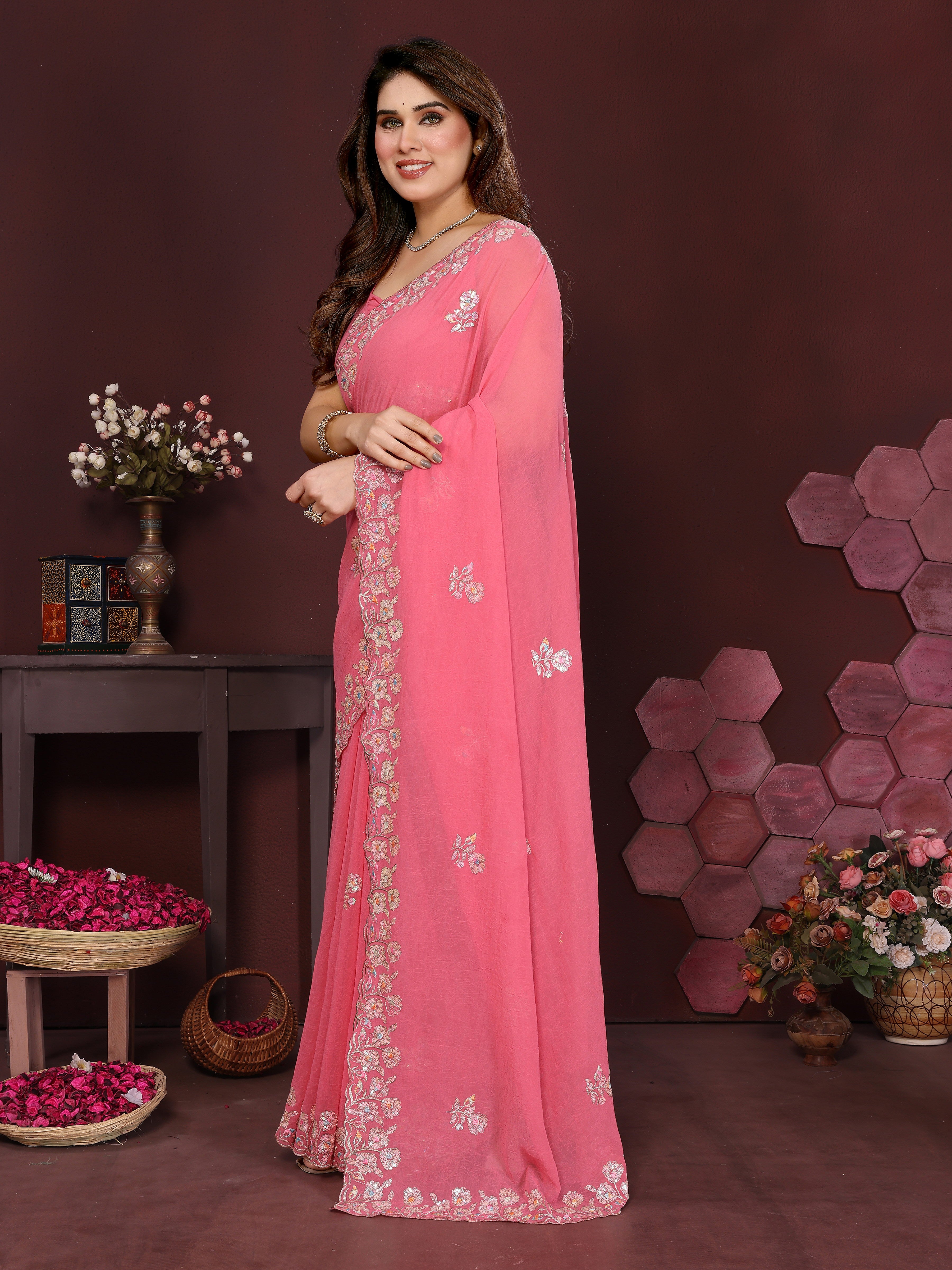 SHYAMIKA Embroidered Georgette Saree with Matching Embroidery Blouse