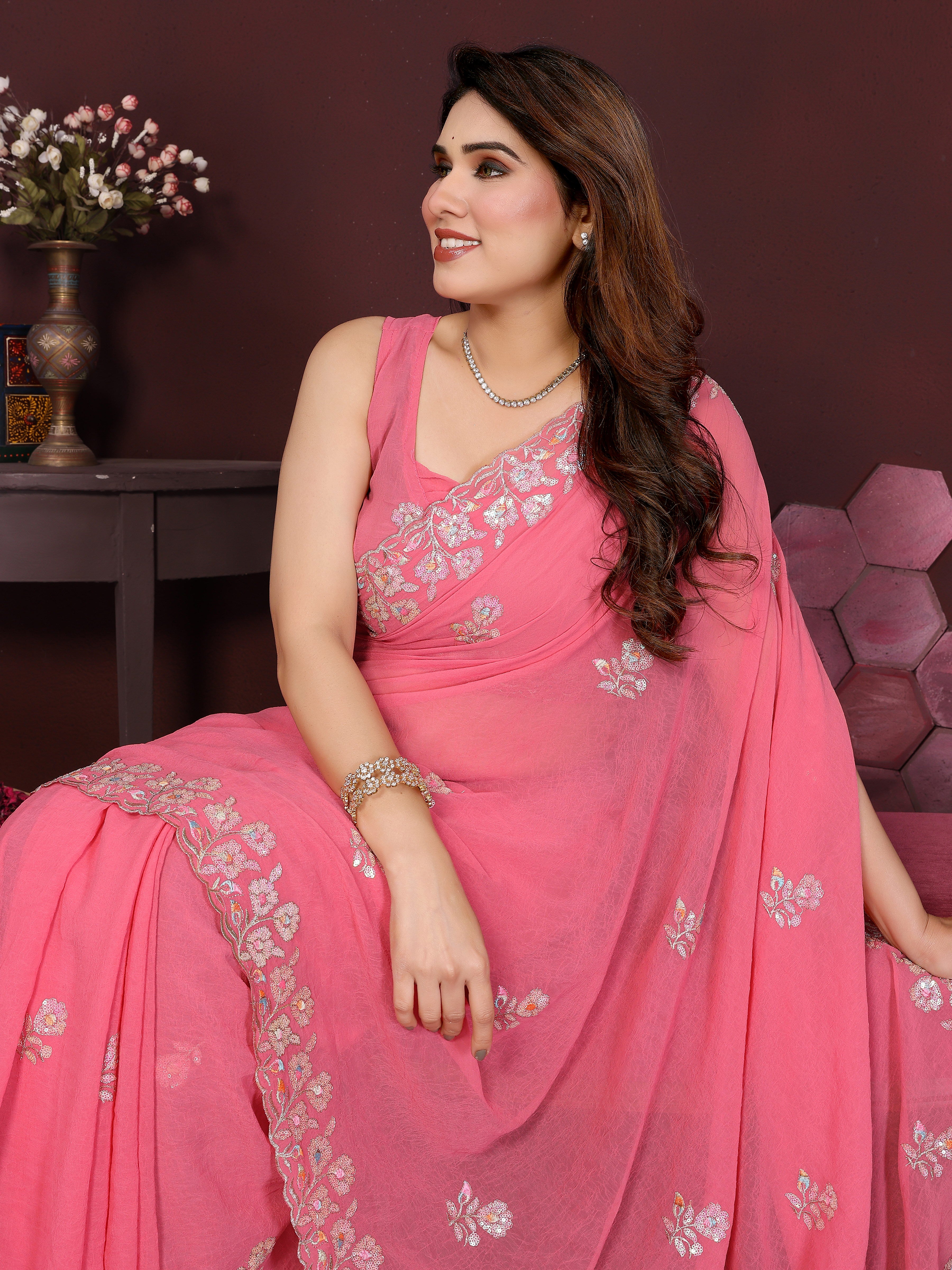 SHYAMIKA Embroidered Georgette Saree with Matching Embroidery Blouse