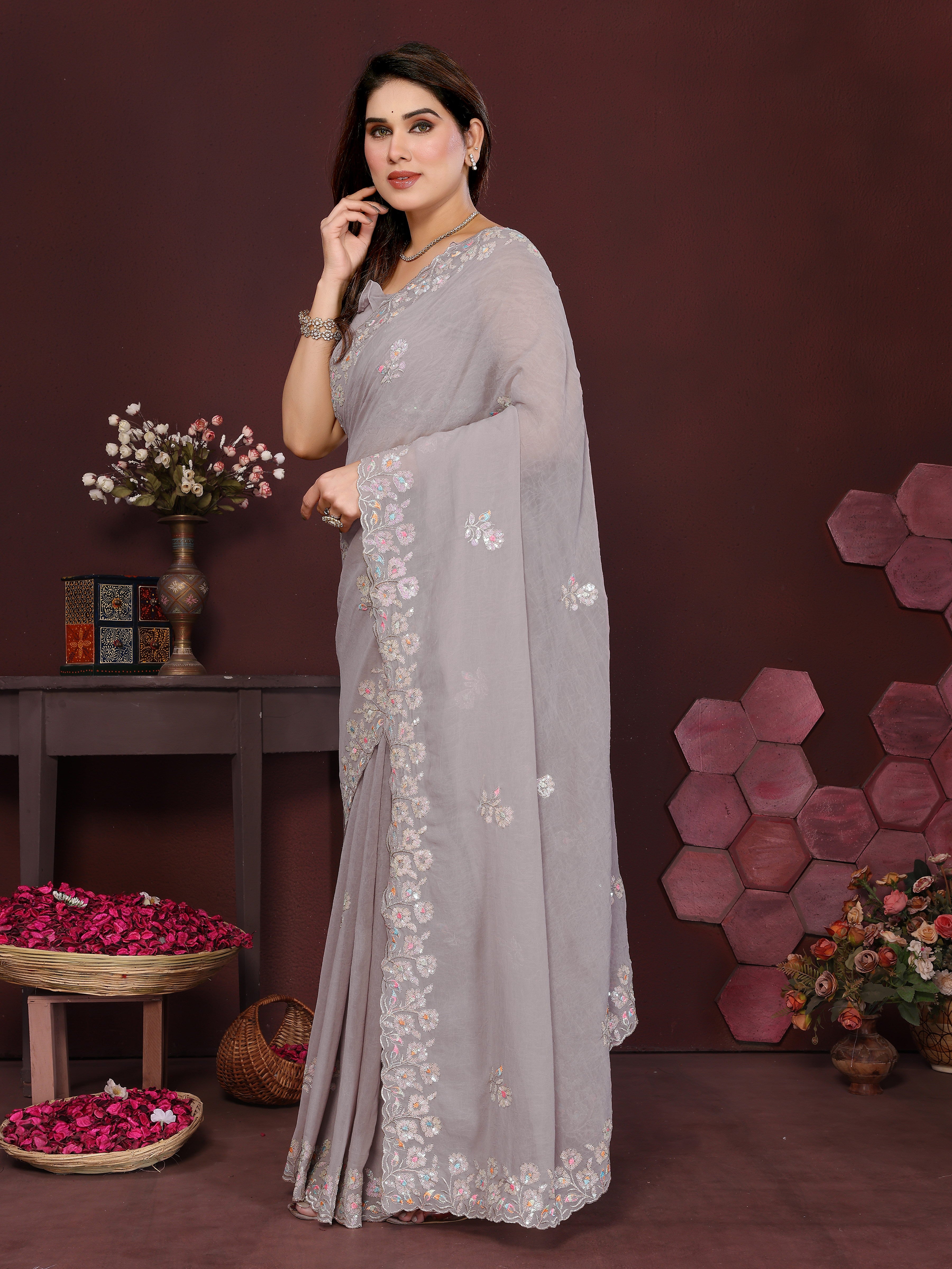 SHYAMIKA Embroidered Georgette Saree with Matching Embroidery Blouse