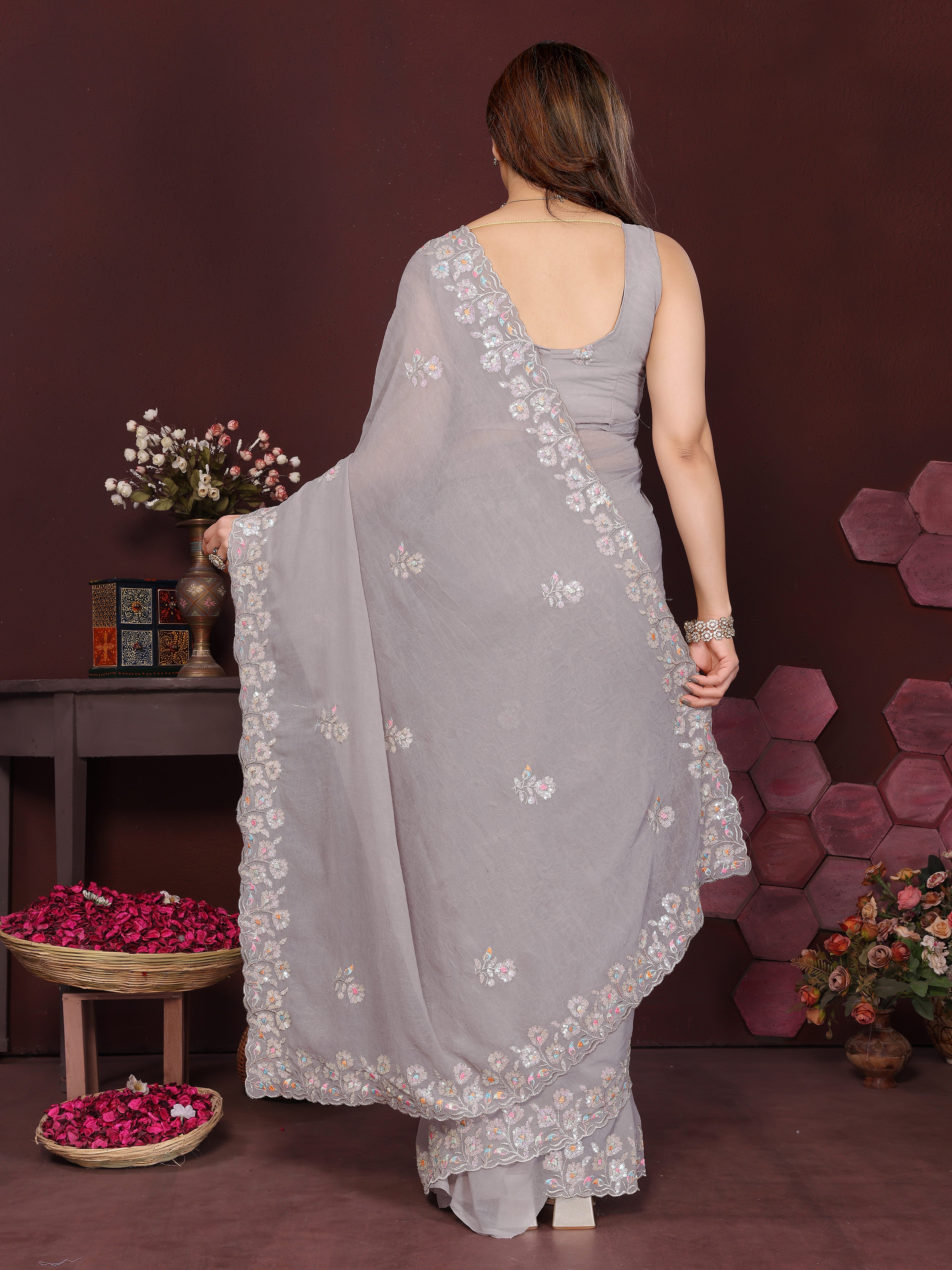 SHYAMIKA Embroidered Georgette Saree with Matching Embroidery Blouse