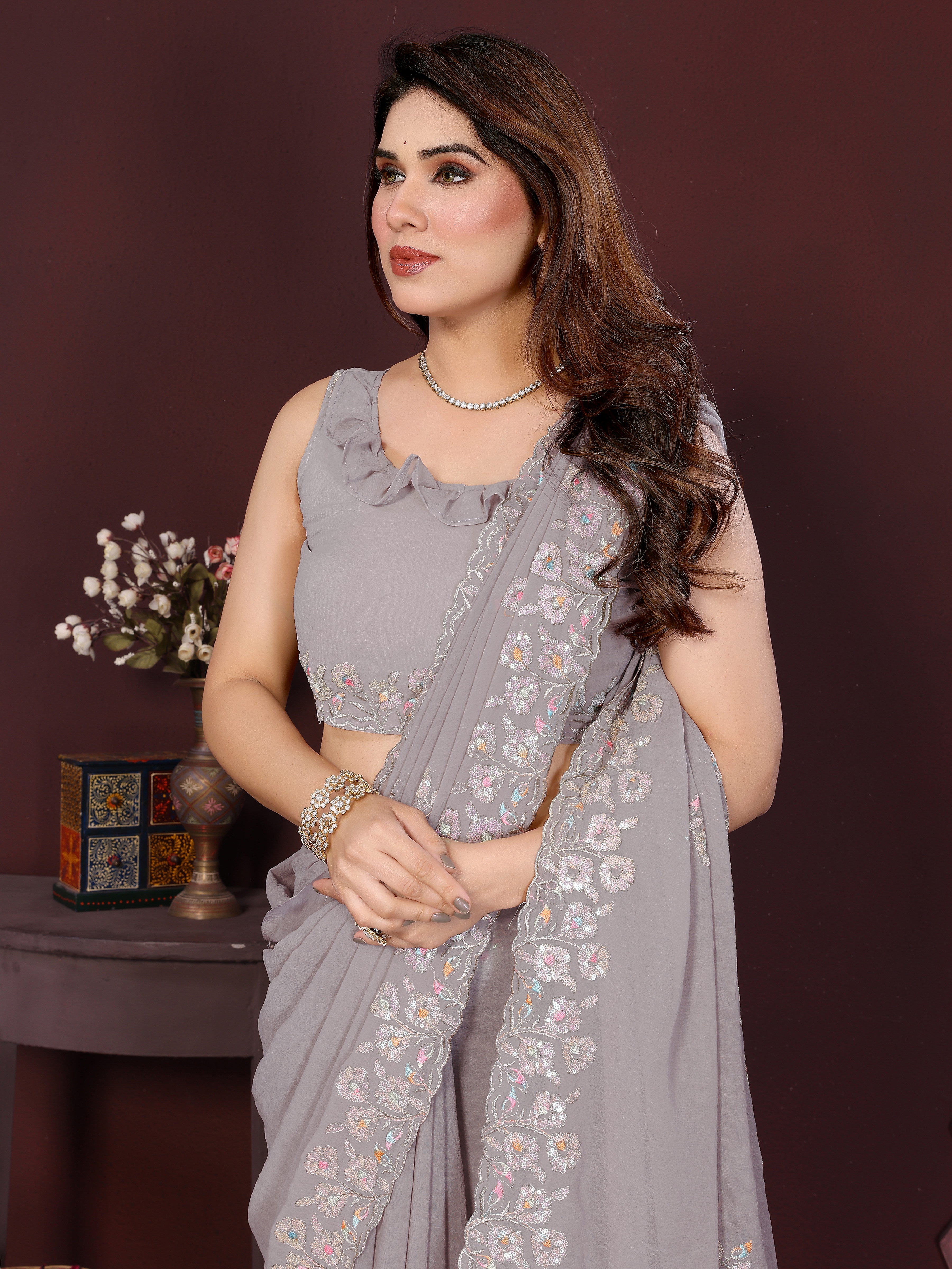 SHYAMIKA Embroidered Georgette Saree with Matching Embroidery Blouse