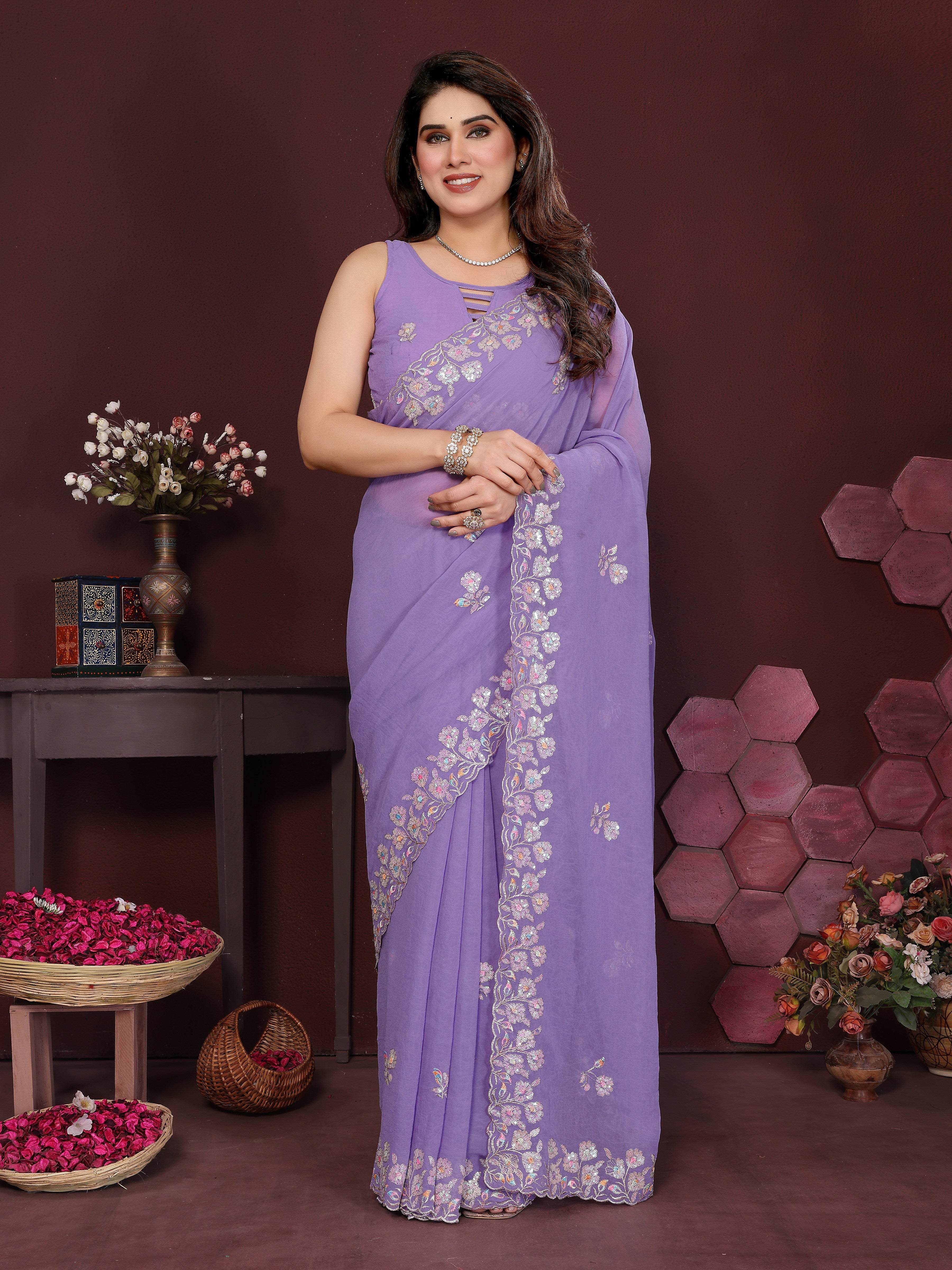 SHYAMIKA Embroidered Georgette Saree with Matching Embroidery Blouse