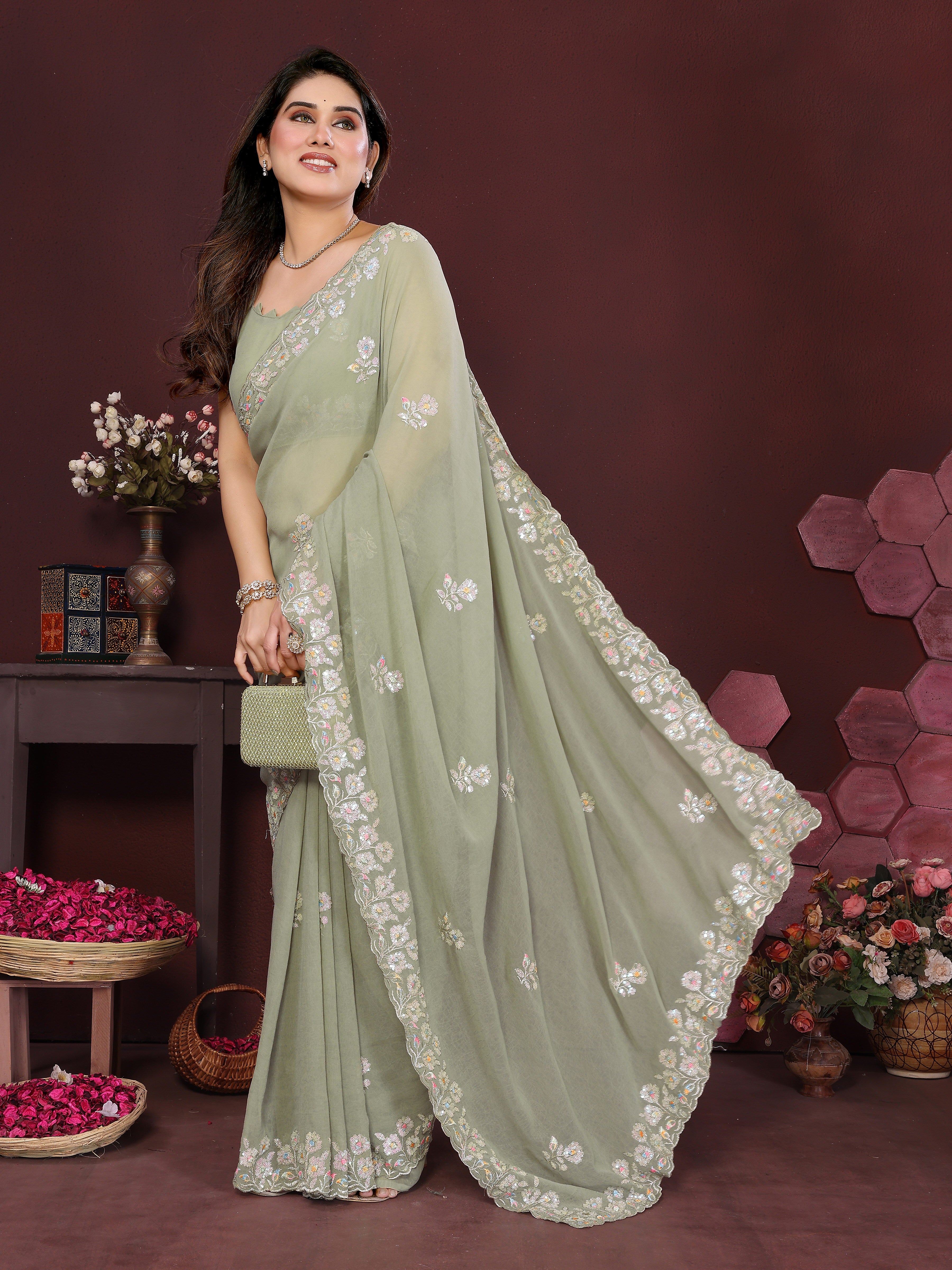 SHYAMIKA Embroidered Georgette Saree with Matching Embroidery Blouse