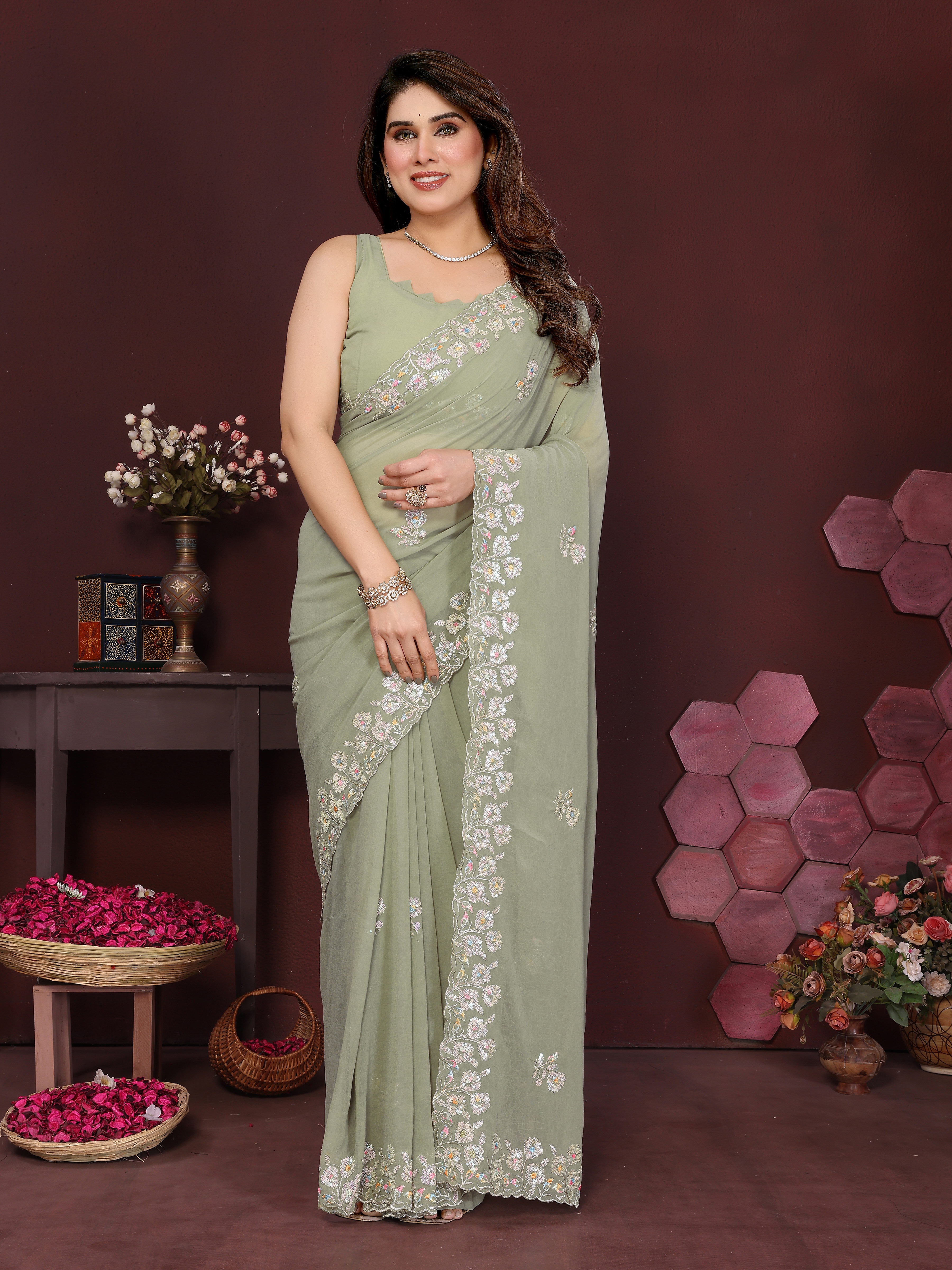 SHYAMIKA Embroidered Georgette Saree with Matching Embroidery Blouse