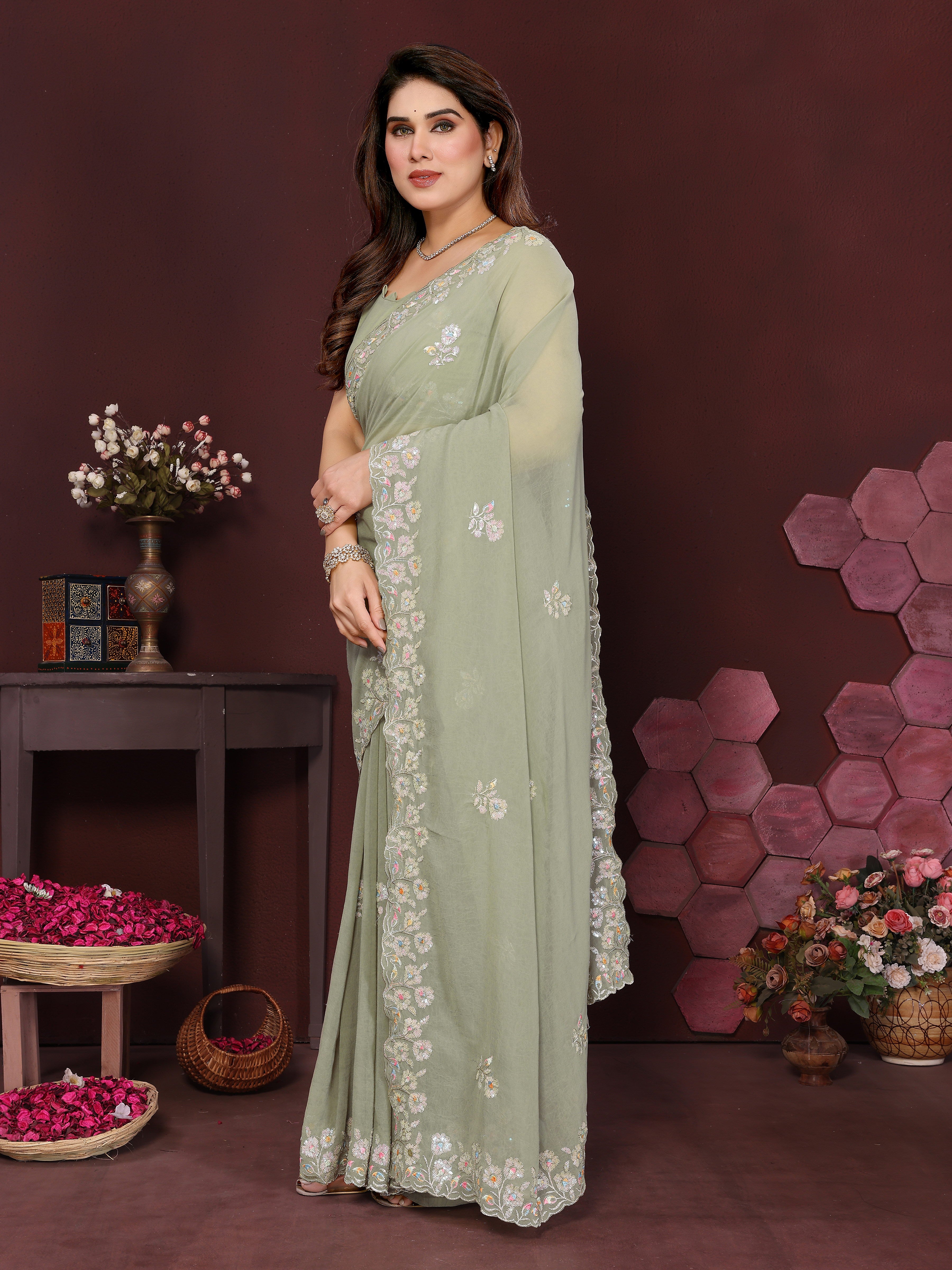 SHYAMIKA Embroidered Georgette Saree with Matching Embroidery Blouse