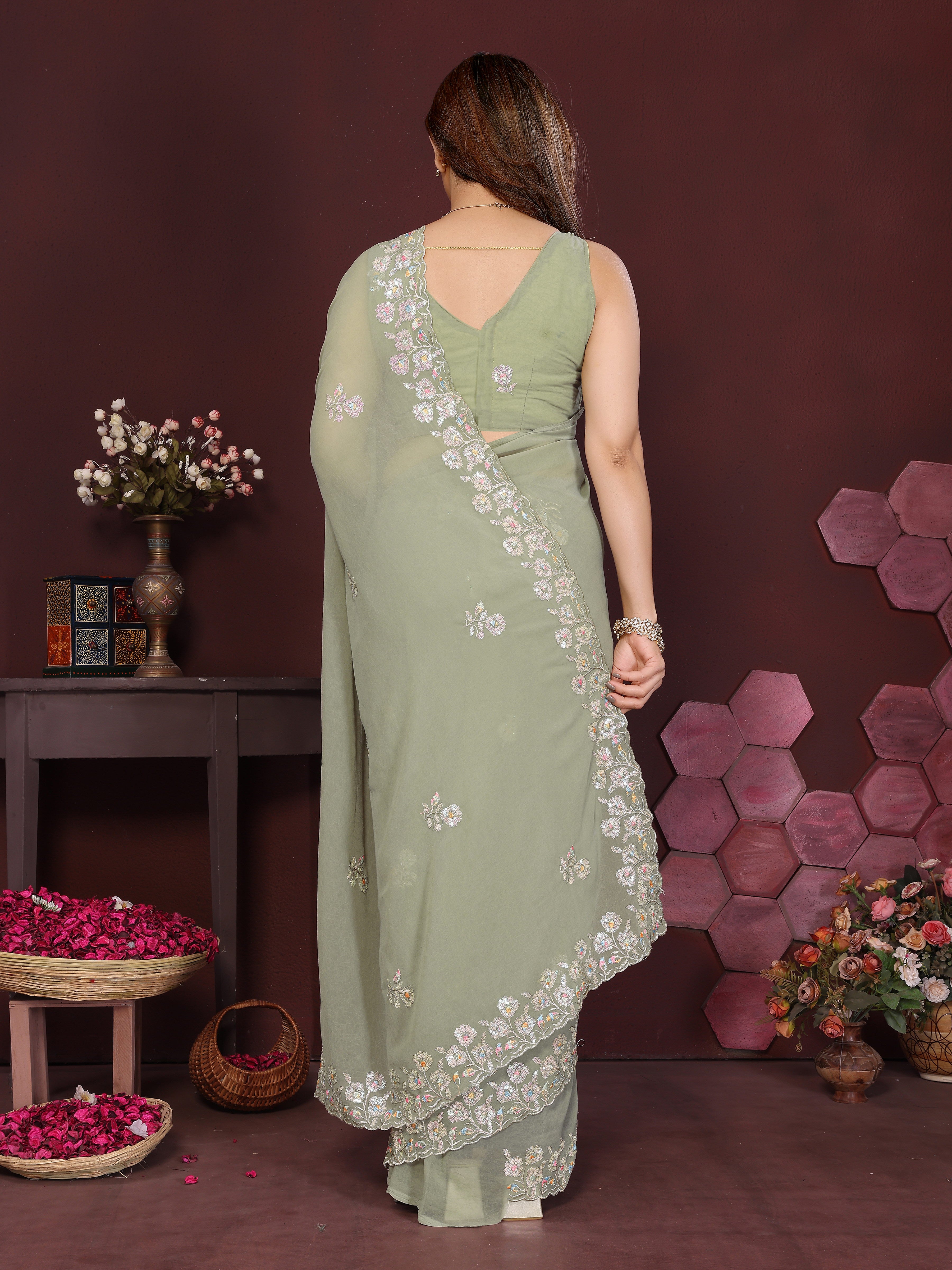 SHYAMIKA Embroidered Georgette Saree with Matching Embroidery Blouse
