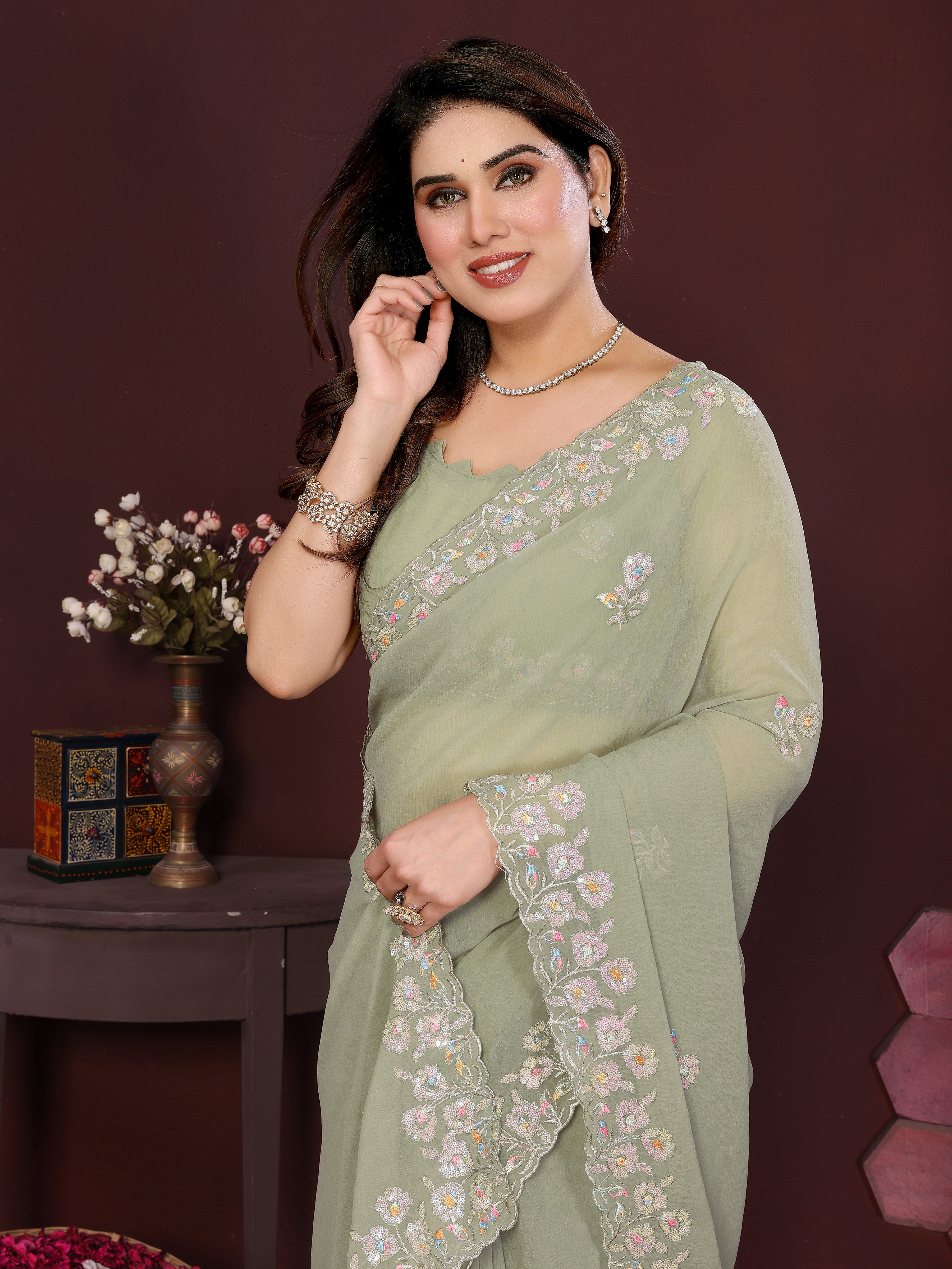 SHYAMIKA Embroidered Georgette Saree with Matching Embroidery Blouse