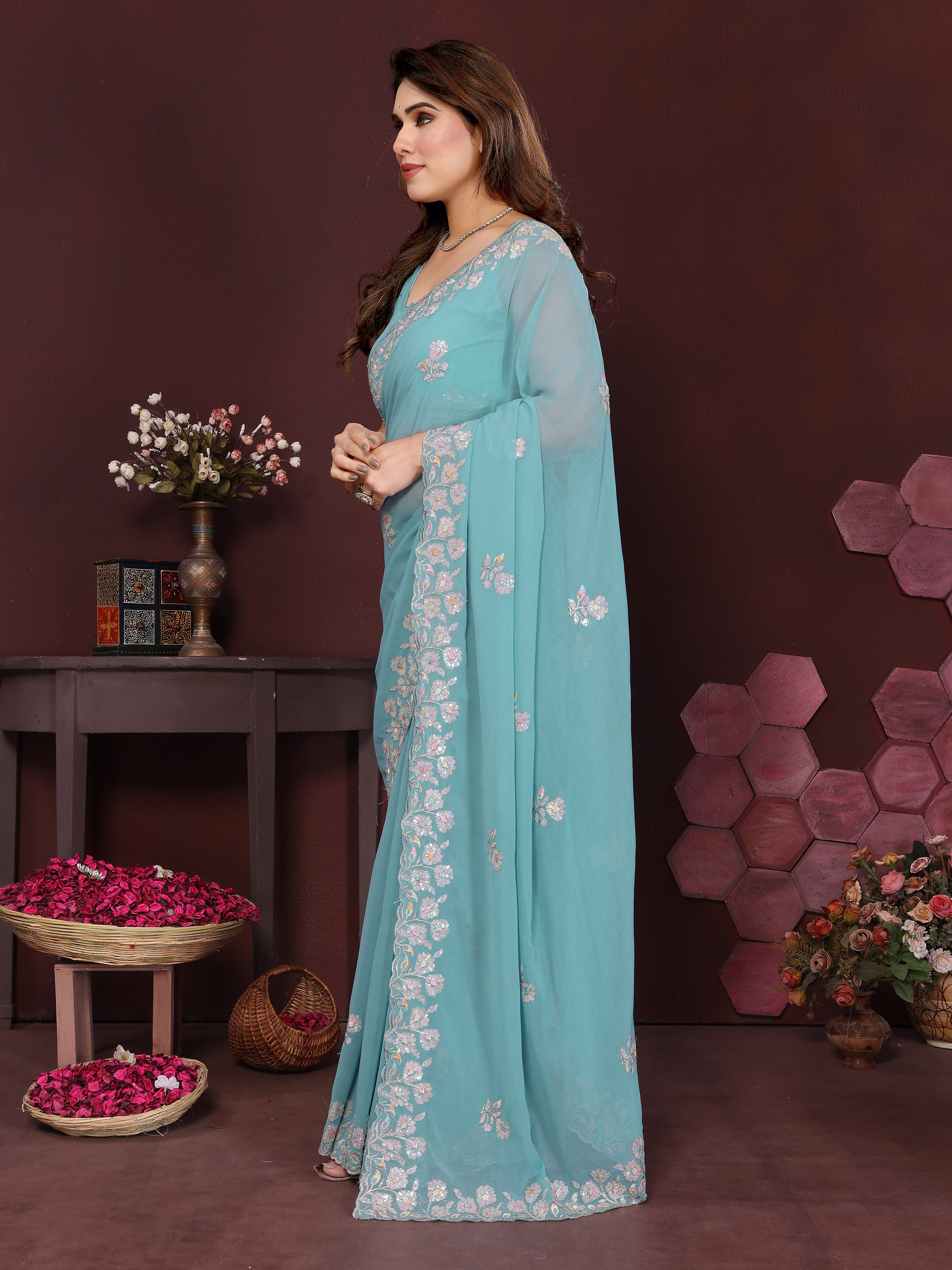 SHYAMIKA Embroidered Georgette Saree with Matching Embroidery Blouse