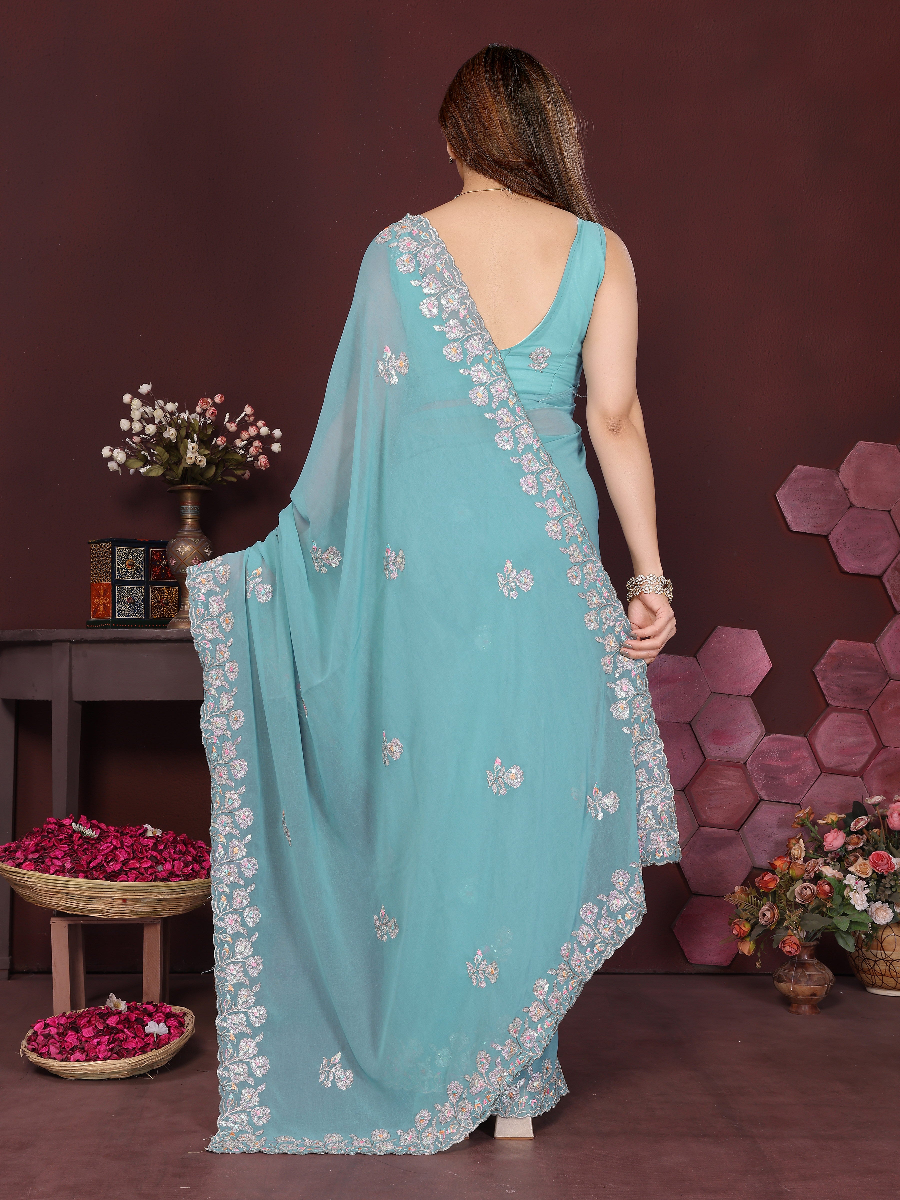 SHYAMIKA Embroidered Georgette Saree with Matching Embroidery Blouse