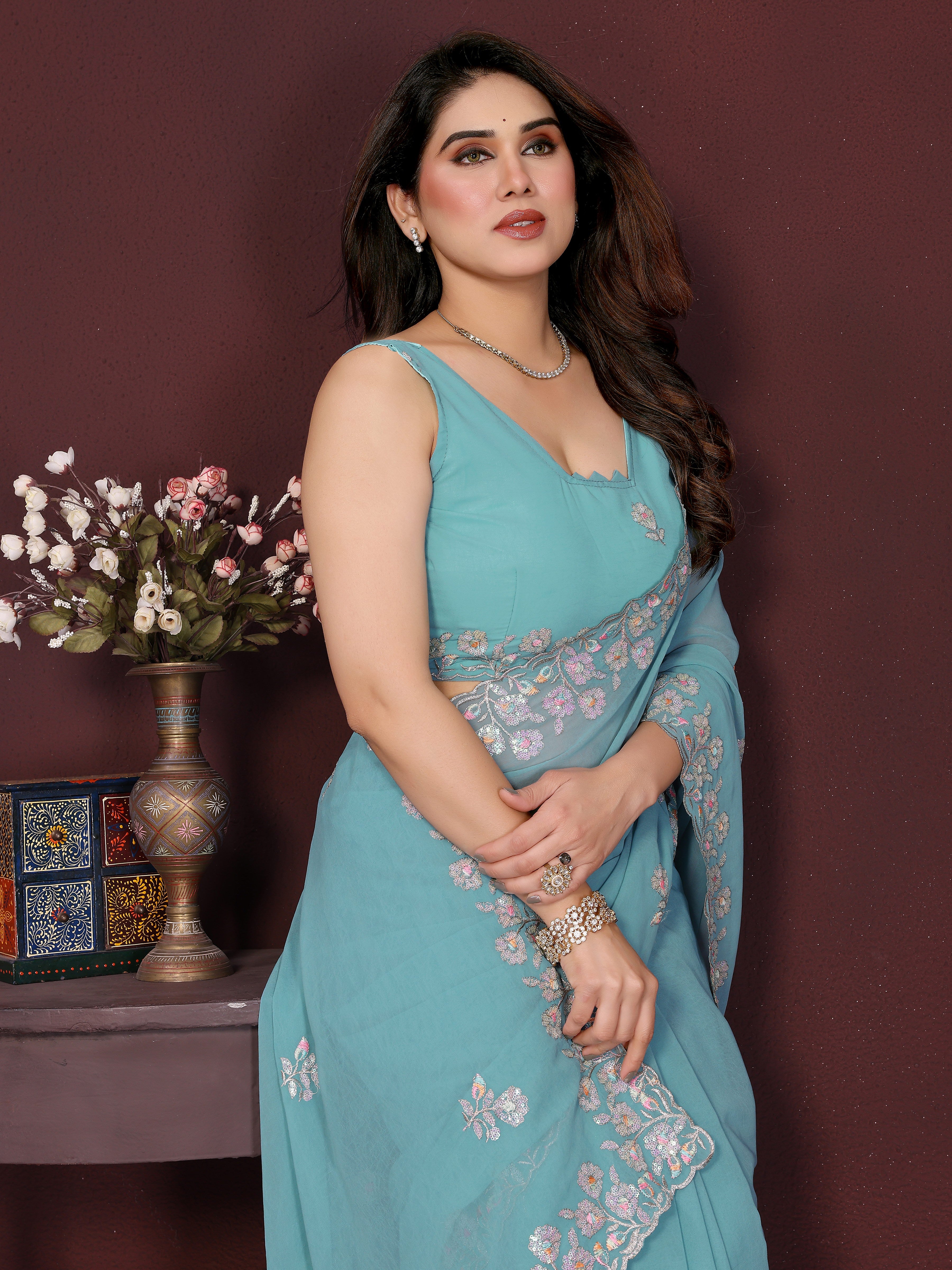 SHYAMIKA Embroidered Georgette Saree with Matching Embroidery Blouse