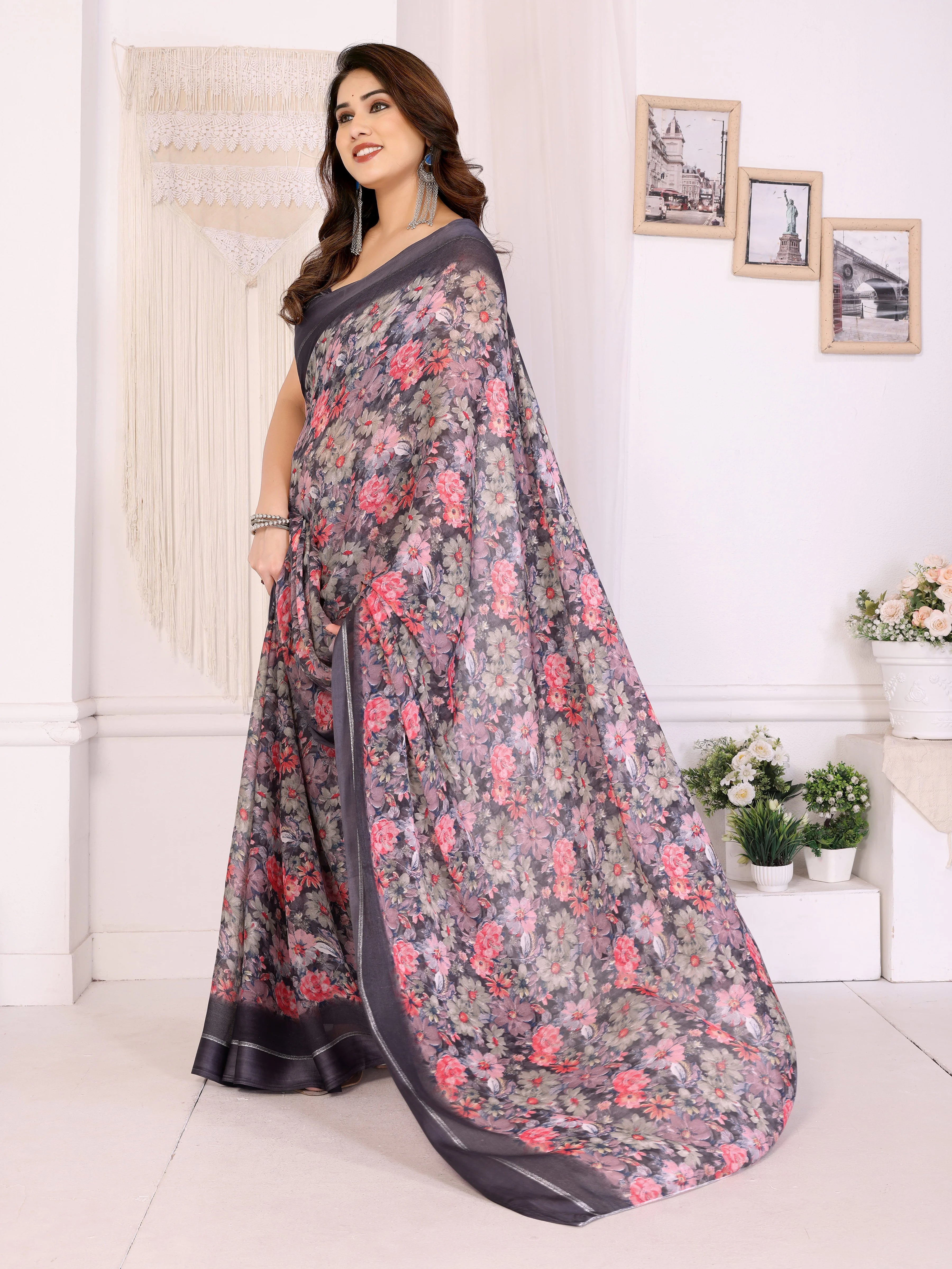 SHYAMIKA Moss Satin Patta Georgette Floral Printed Saree with Blouse