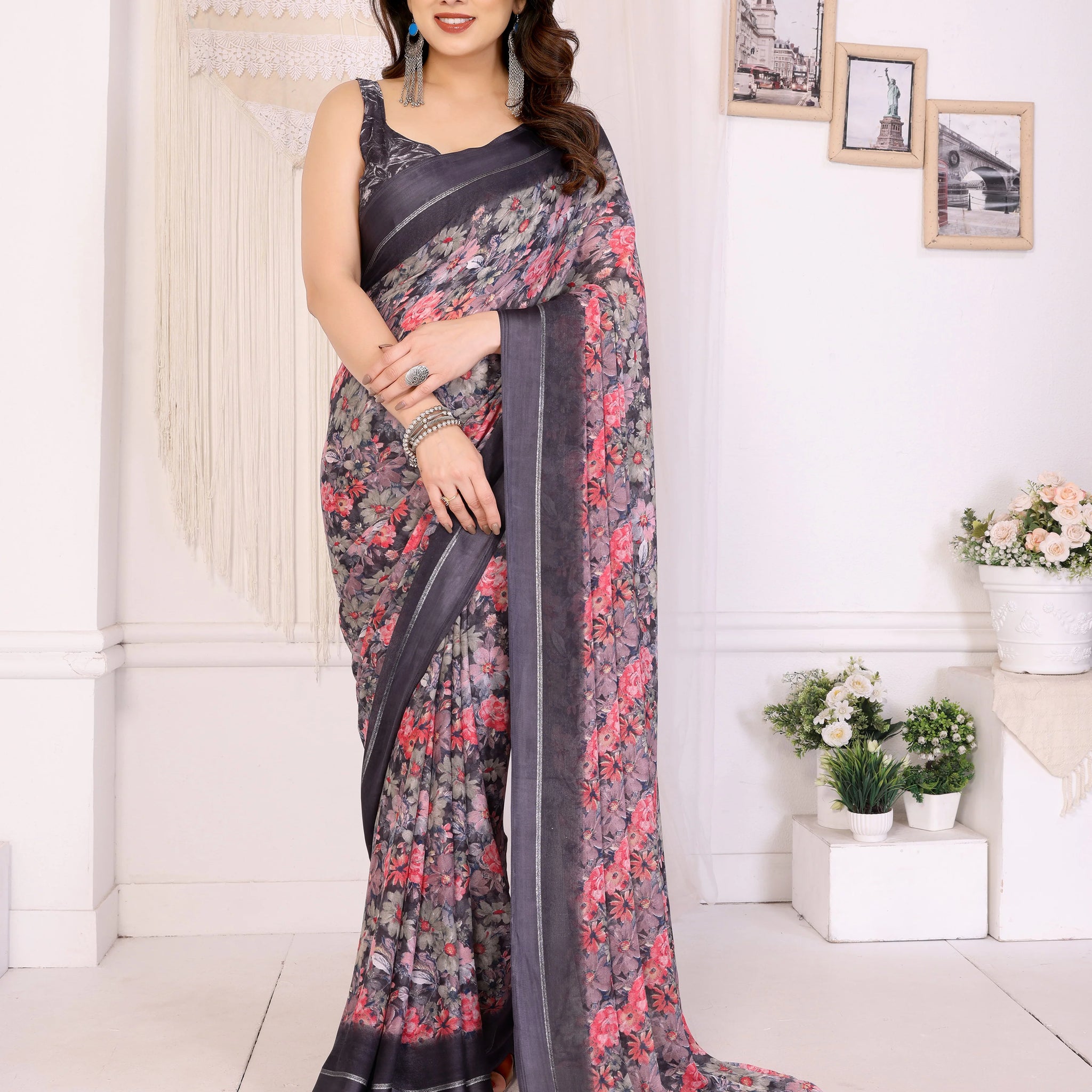 SHYAMIKA Moss Satin Patta Georgette Floral Printed Saree with Blouse