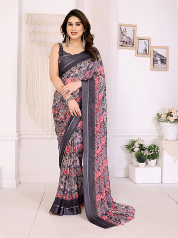 SHYAMIKA Moss Satin Patta Georgette Floral Printed Saree with Blouse